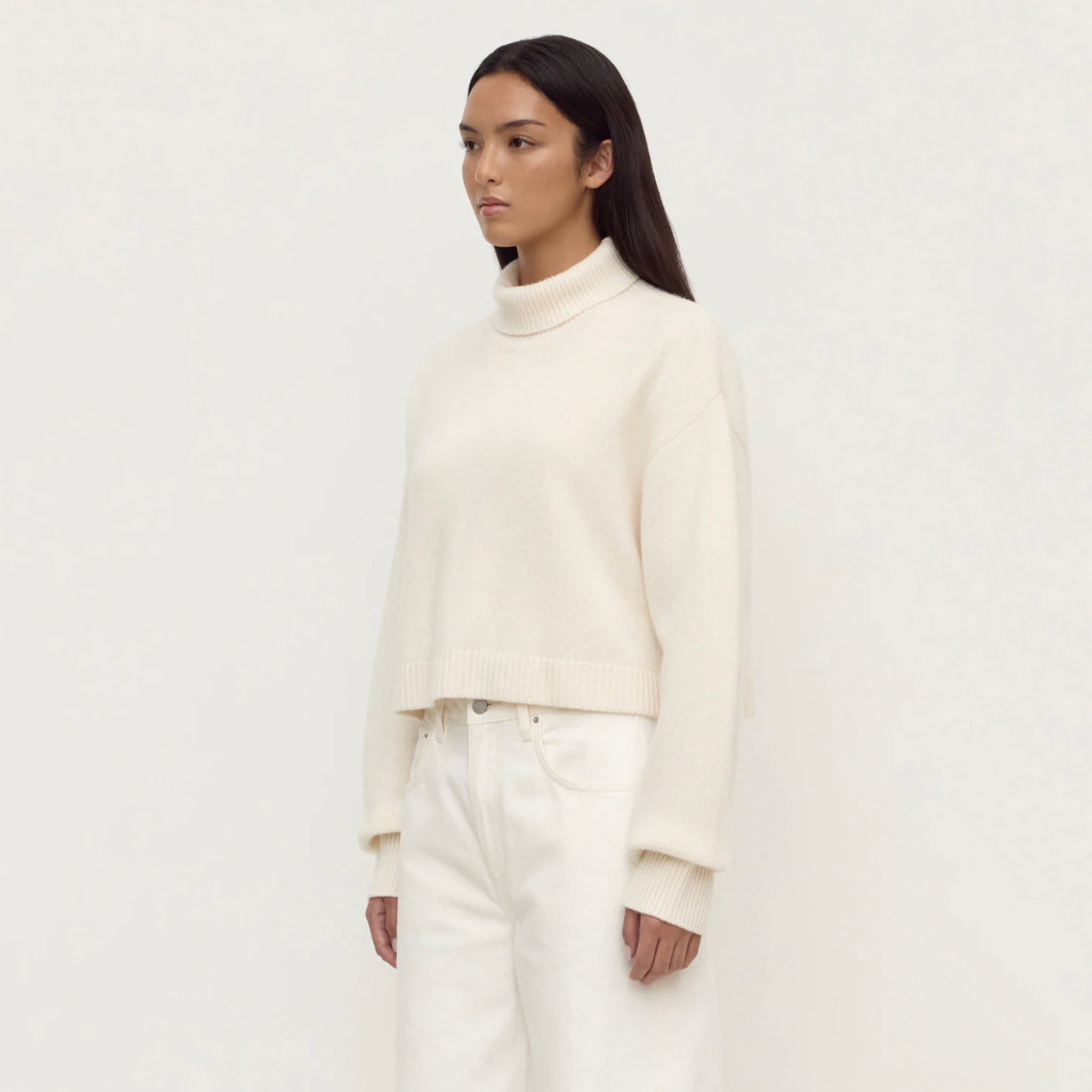 Assembly Label Paris Wool & Cashmere Knit Turtleneck - White worn by a model in a relaxed pose, featuring a cropped silhouette.