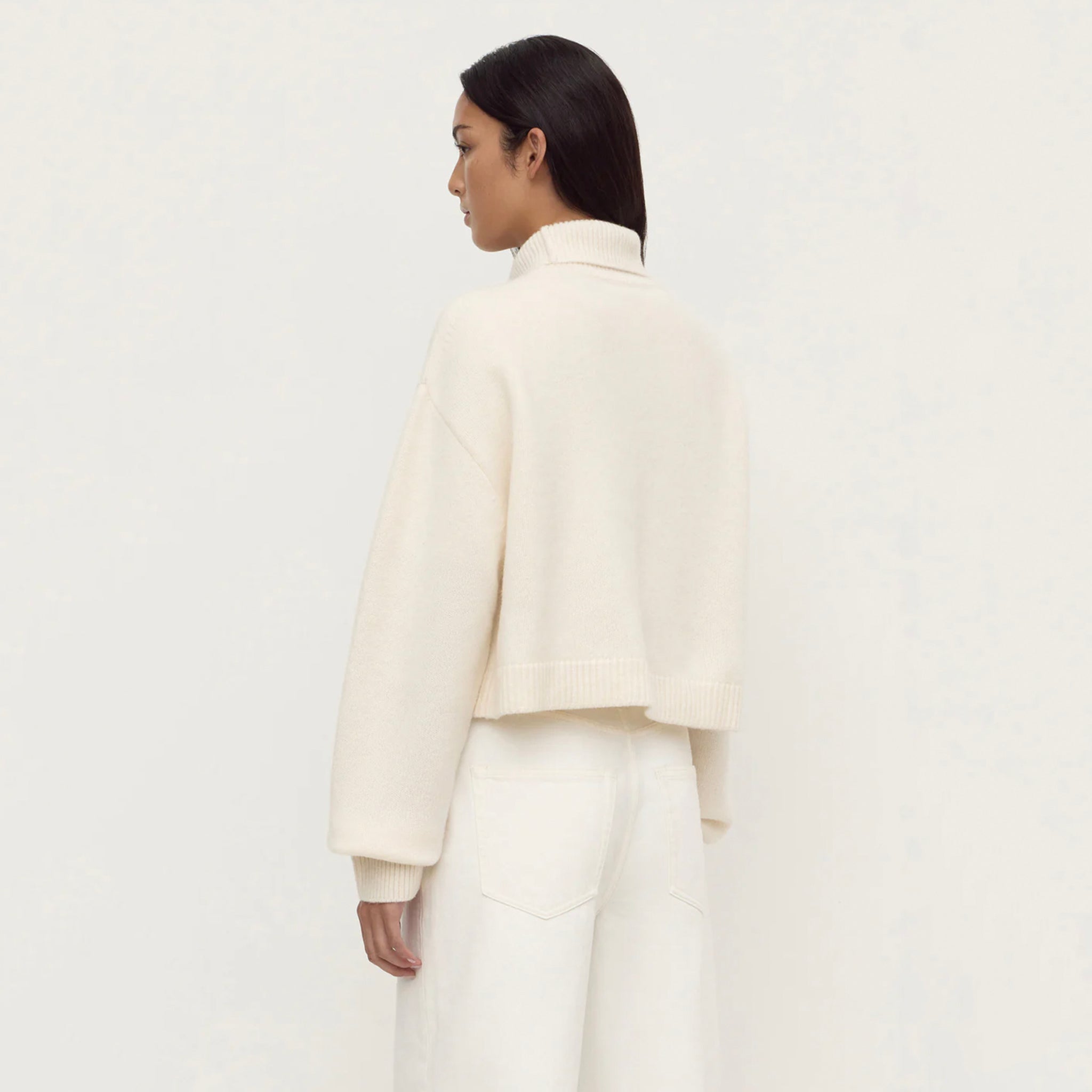 Assembly Label Paris Wool & Cashmere Knit Turtleneck - White back view showing cropped silhouette and dropped shoulders.