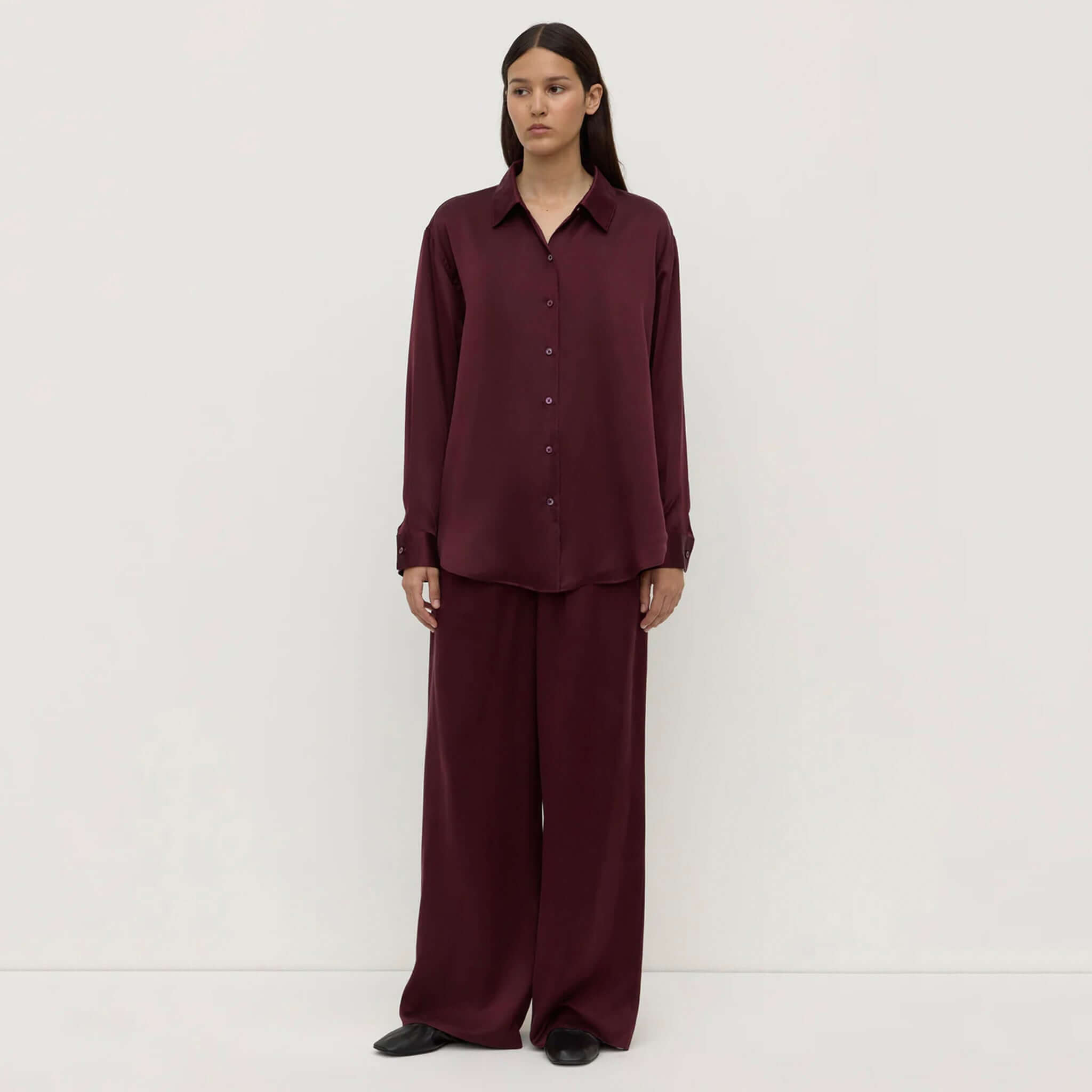 Alt Tag: Assembly Label Pippa Silk Pants - Merlot wide-leg silk pants in rich merlot with relaxed drape and elastic waistband