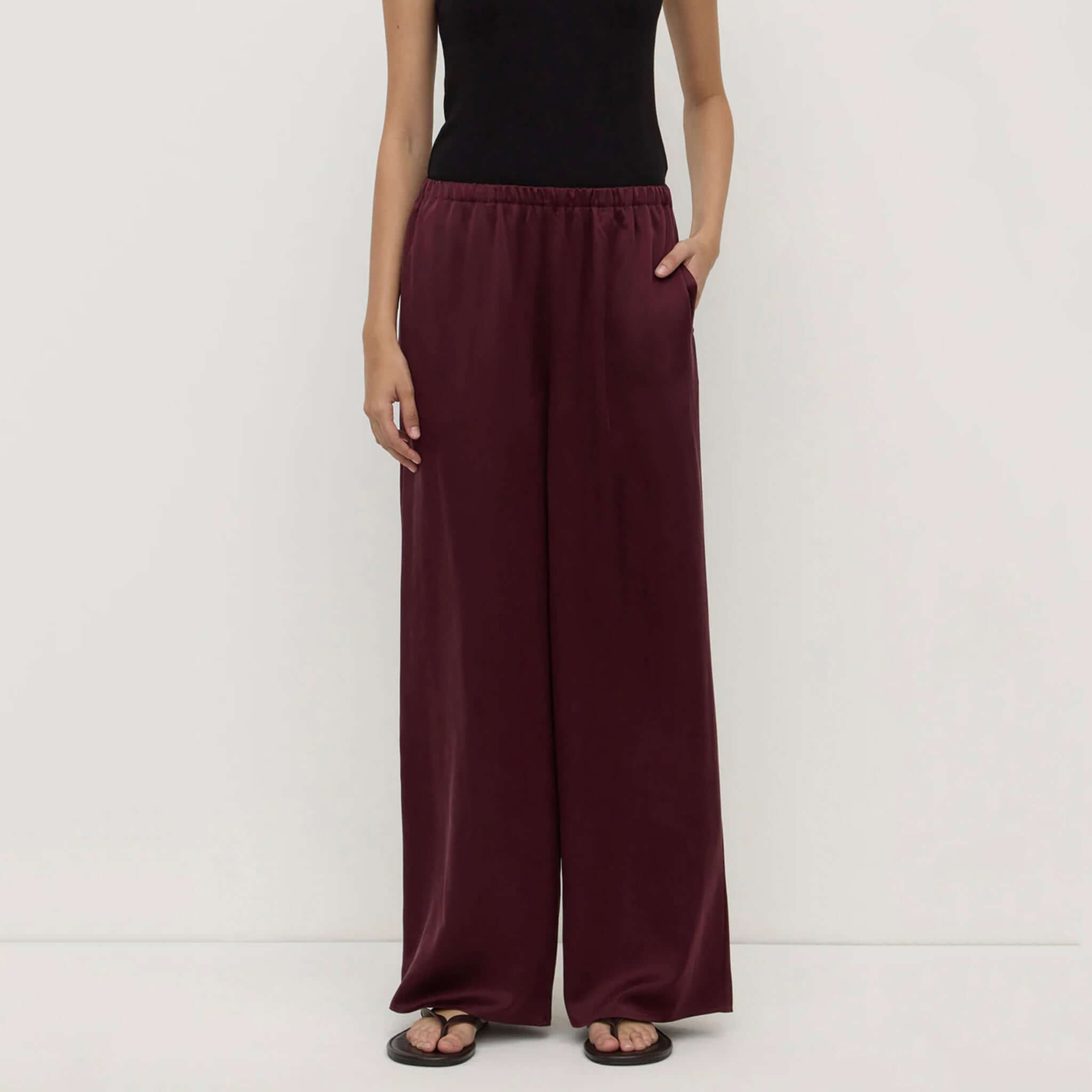 Alt Tag: Assembly Label Pippa Silk Pants - Merlot on model, wide-leg 100% silk pants with elastic waistband and side pockets