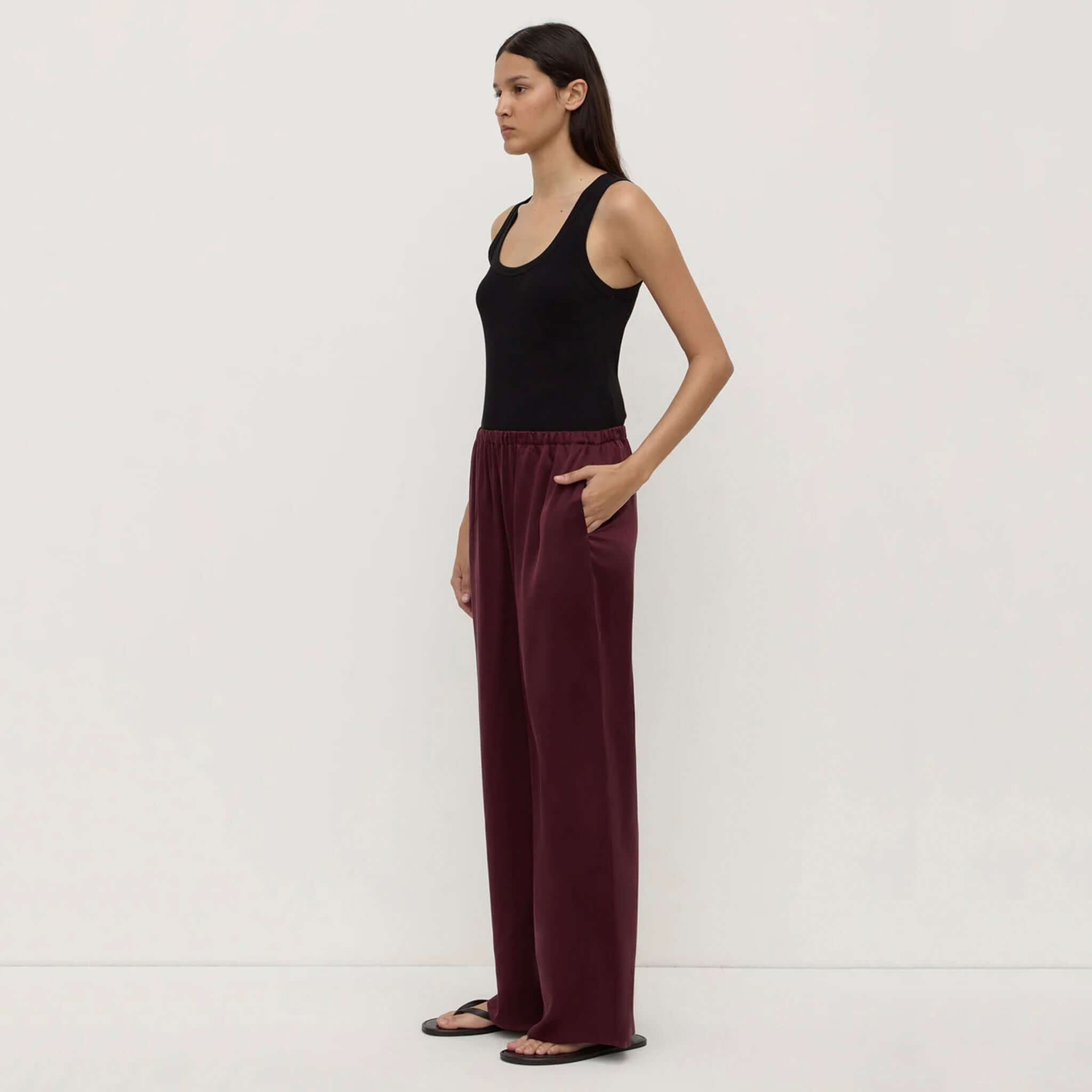 Alt Tag: Assembly Label Pippa Silk Pants - Merlot on model, wide-leg 100% silk pants with elastic waist and side pockets