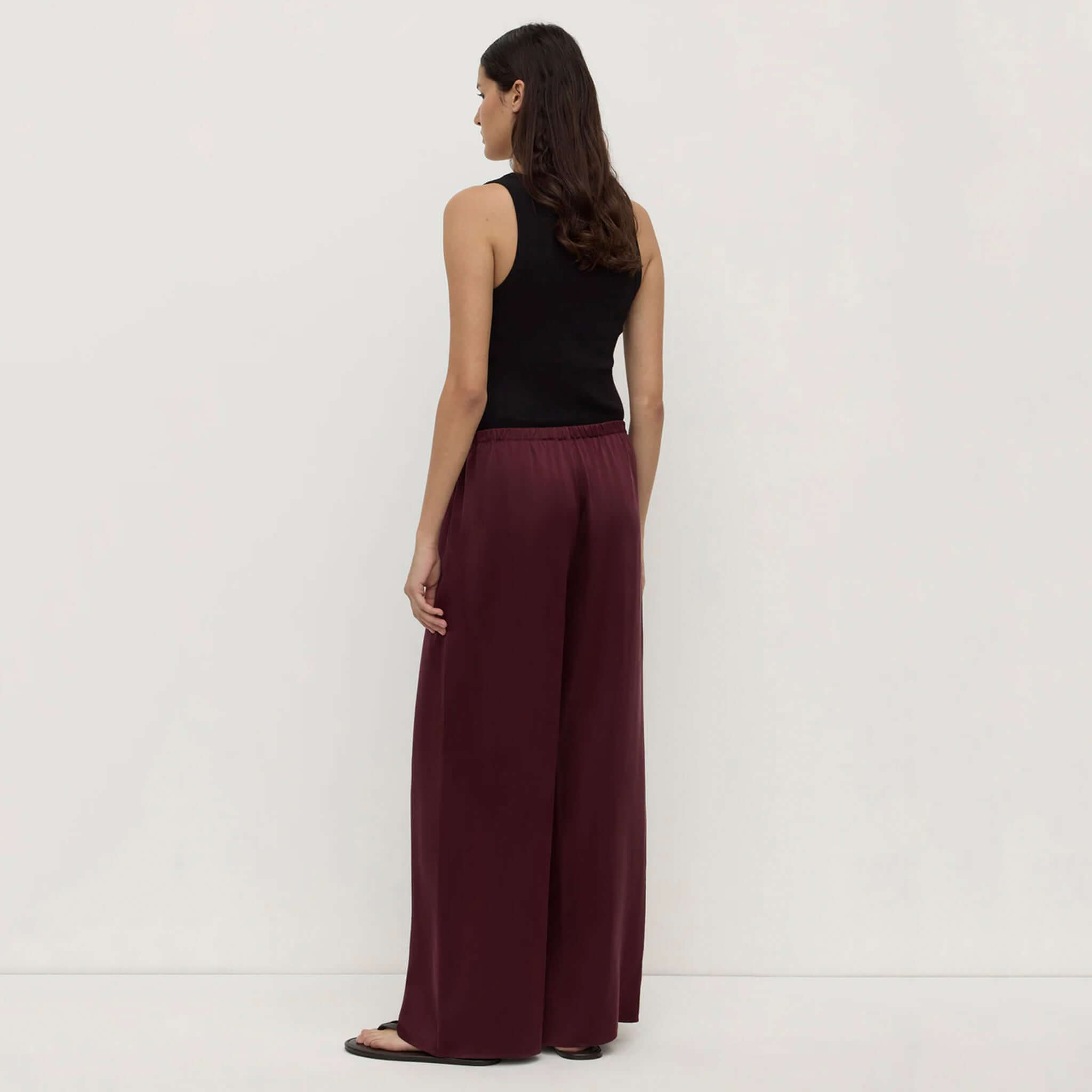 Alt Tag: Assembly Label Pippa Silk Pants - Merlot back view wide-leg relaxed fit 100% silk drape elastic waistband side pockets