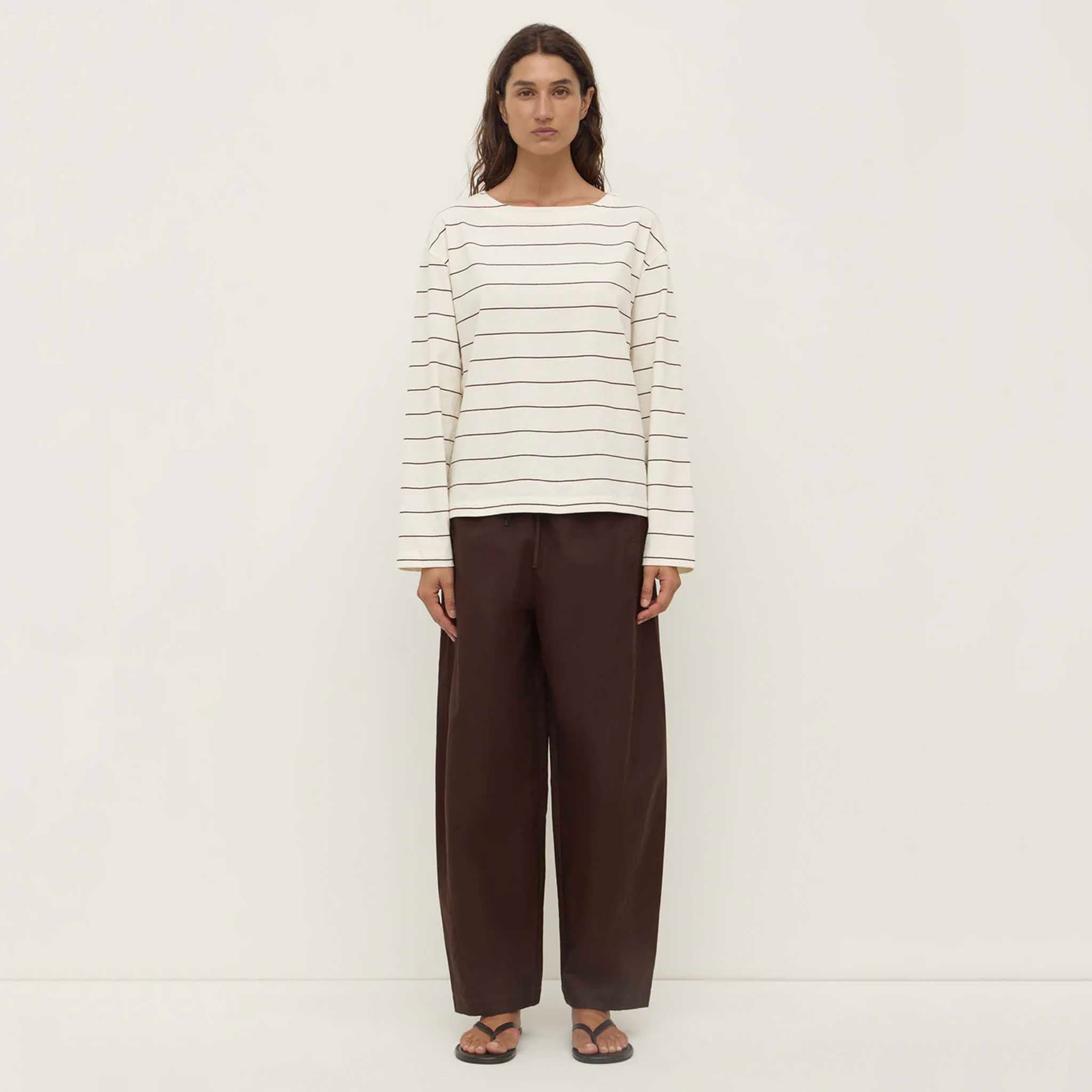 Alt Tag: Assembly Label Scout Long Sleeve Tee - Cream & Mulberry striped boat neck long sleeve tee, relaxed fit, coastal cotton staple