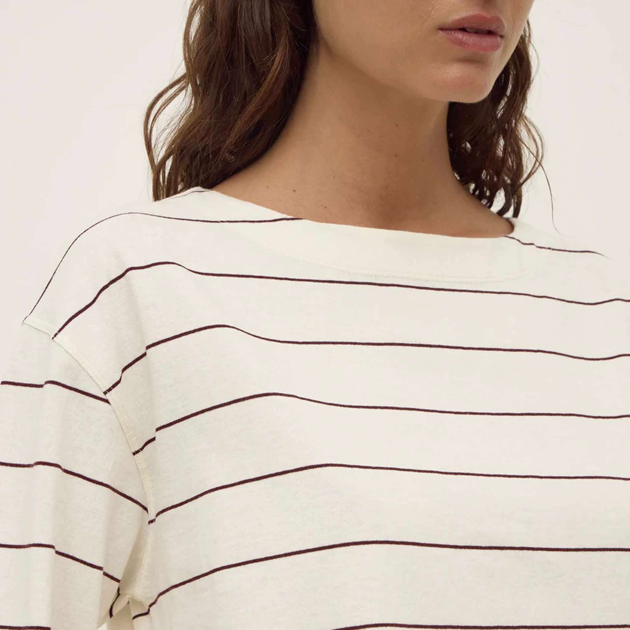 Alt Tag: Assembly Label Scout Long Sleeve Tee - Cream & Mulberry striped 100% cotton top with boat neckline and subtle flared sleeves