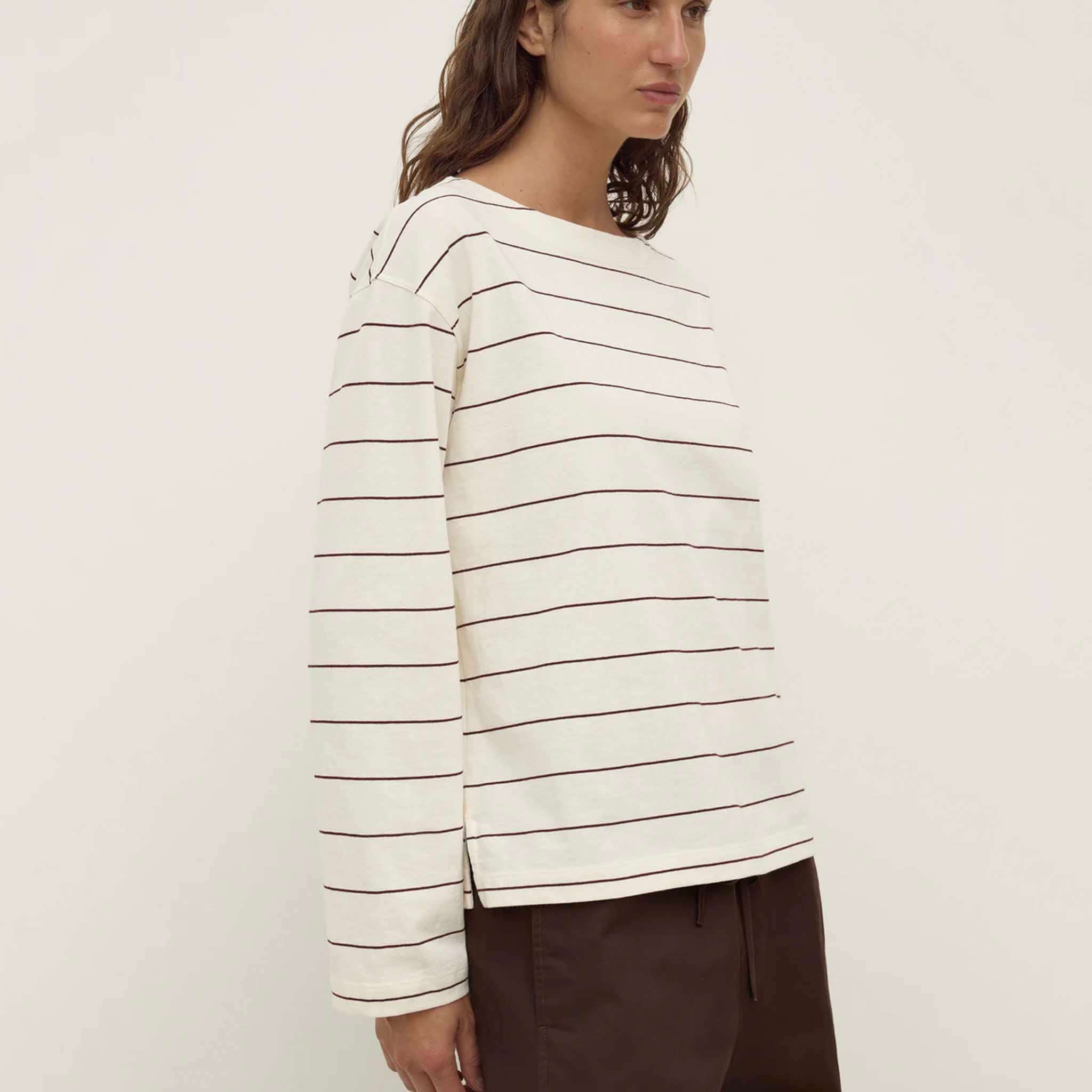 Alt Tag: Assembly Label Scout Long Sleeve Tee - Cream & Mulberry striped cotton boat neck long sleeve top on model