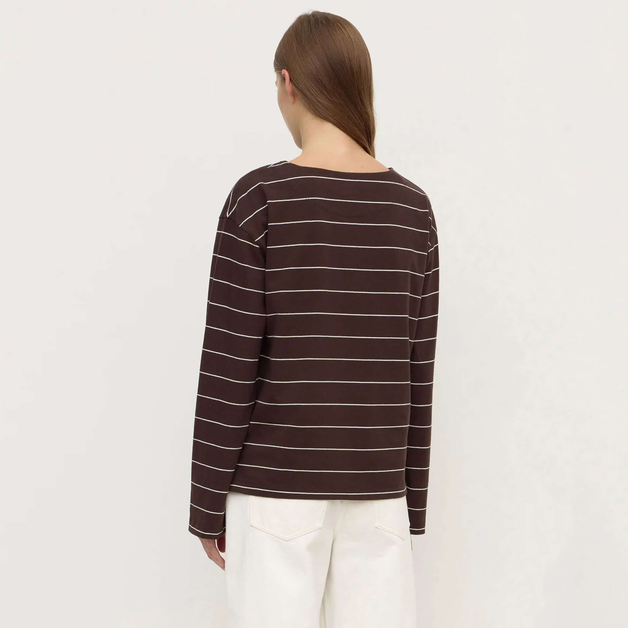 Assembly Label Scout Long Sleeve Tee - Ganache Cream Stripe back view design in ganache brown with cream stripes.