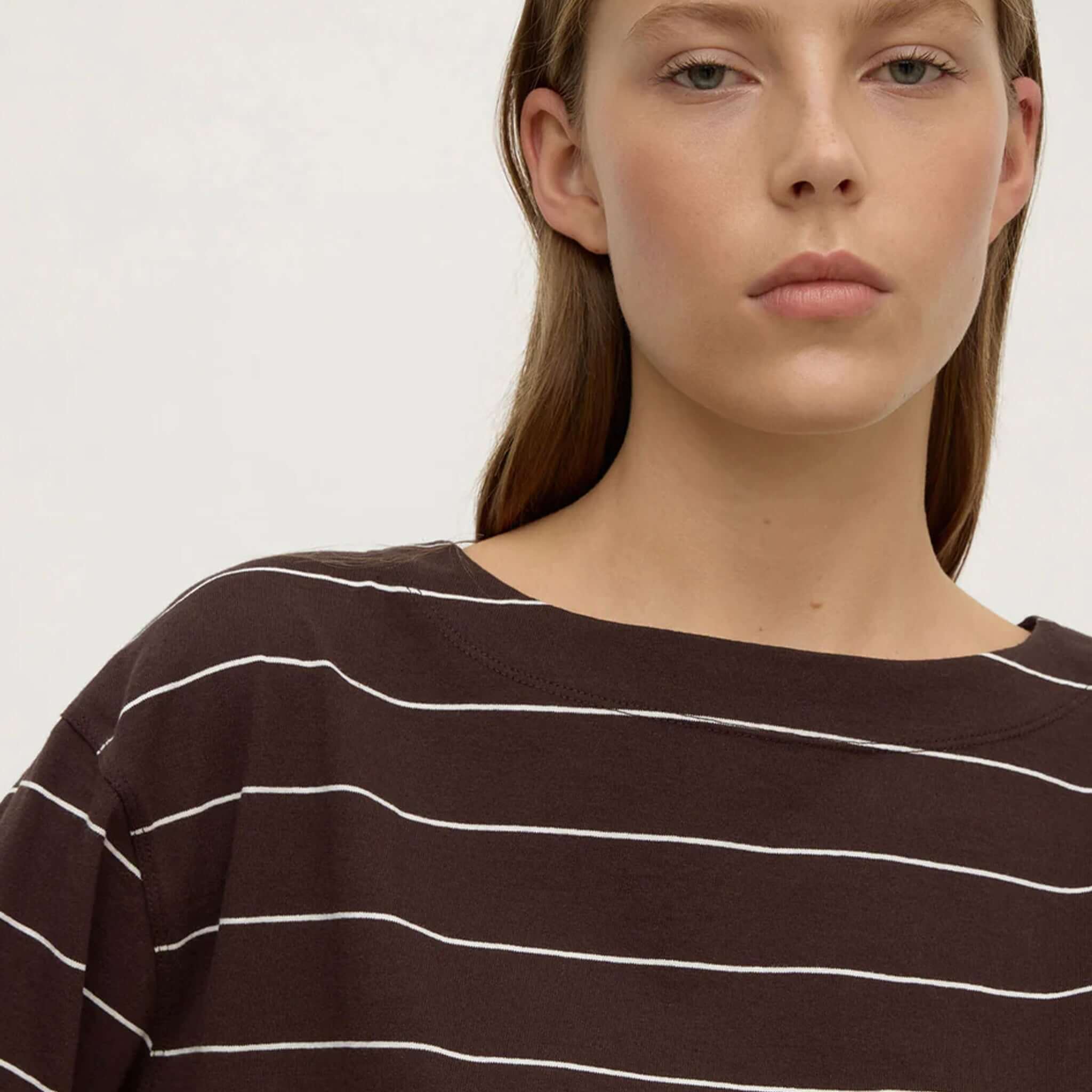 Assembly Label Scout Long Sleeve Tee - Ganache Cream Stripe featuring a wide boat neckline and relaxed fit.