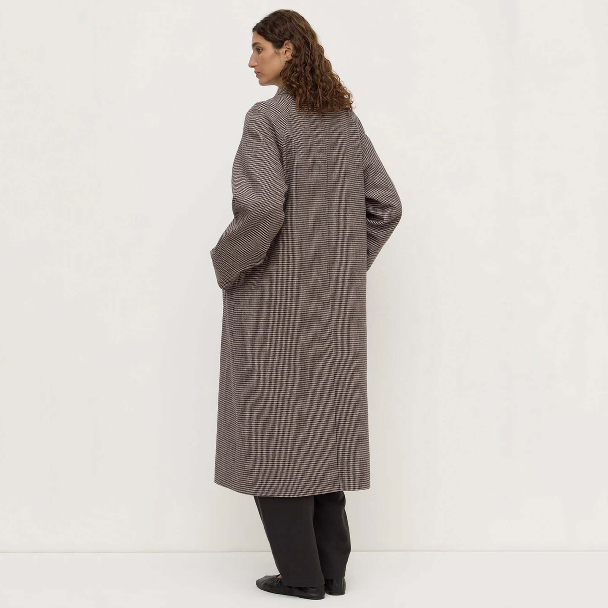 Brown Black Check Wool Coat from Assembly Label, showing the back view and modern silhouette.