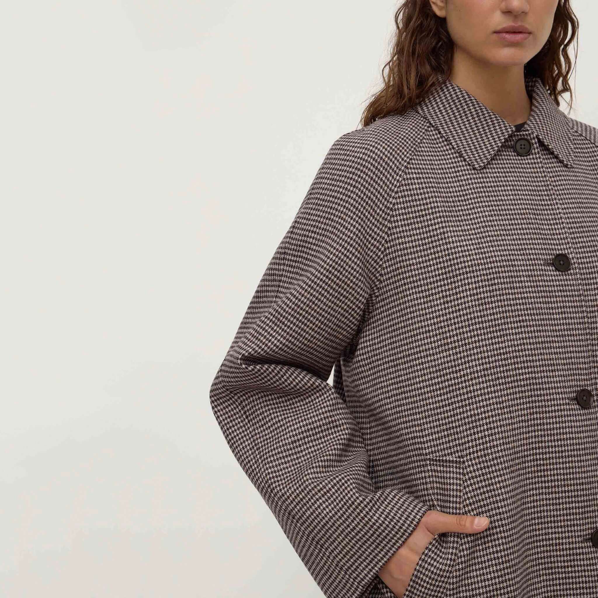 Assembly Label Solana brown black check wool coat with button-front fastening and modern silhouette.