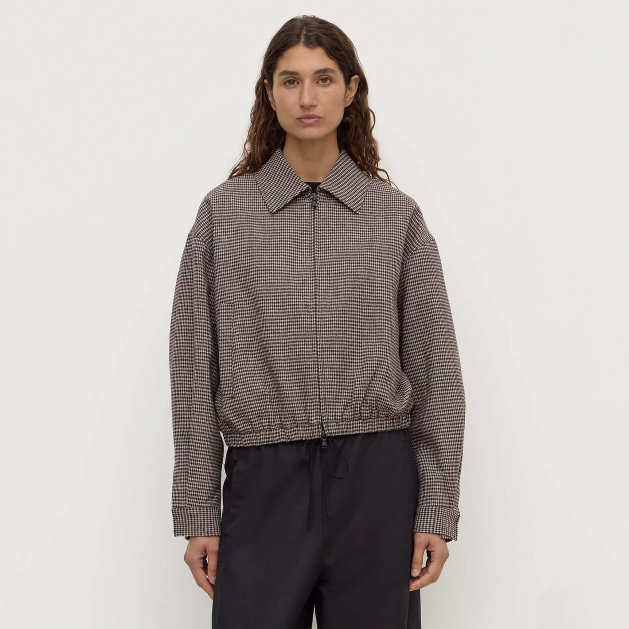 Assembly Label Solana cropped brown black check wool jacket with gathered elastic hem and zip front