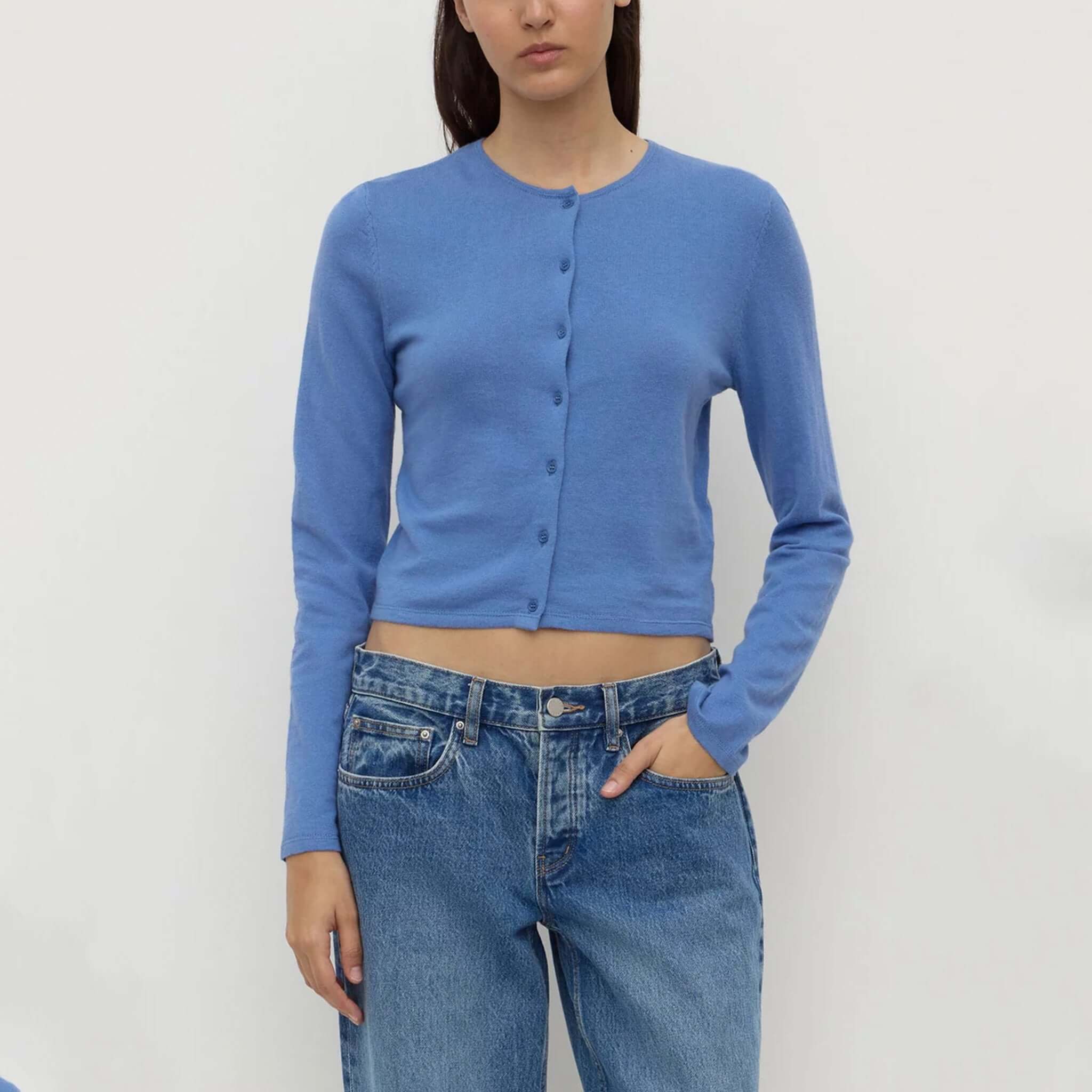 Assembly Label Tilly Cotton / Cashmere Cardigan - Drift on model, cropped button-front women’s cardigan with long sleeves