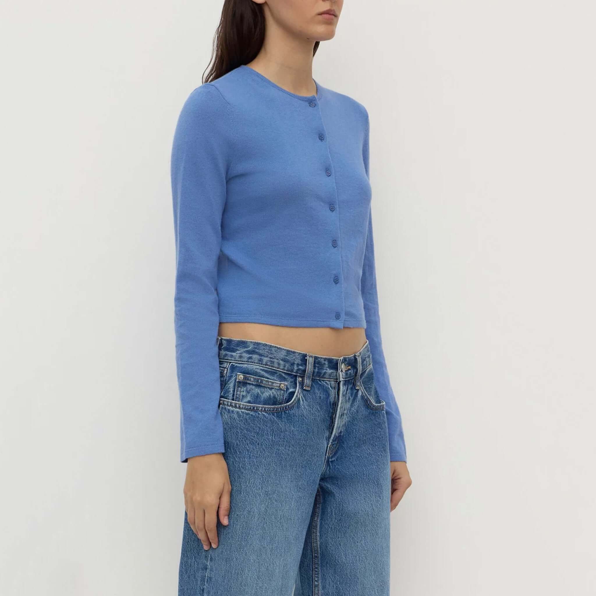 Alt Tag: Assembly Label Tilly Cotton / Cashmere Cardigan - Drift womens cropped button-front cardigan with long sleeves, worn with jeans