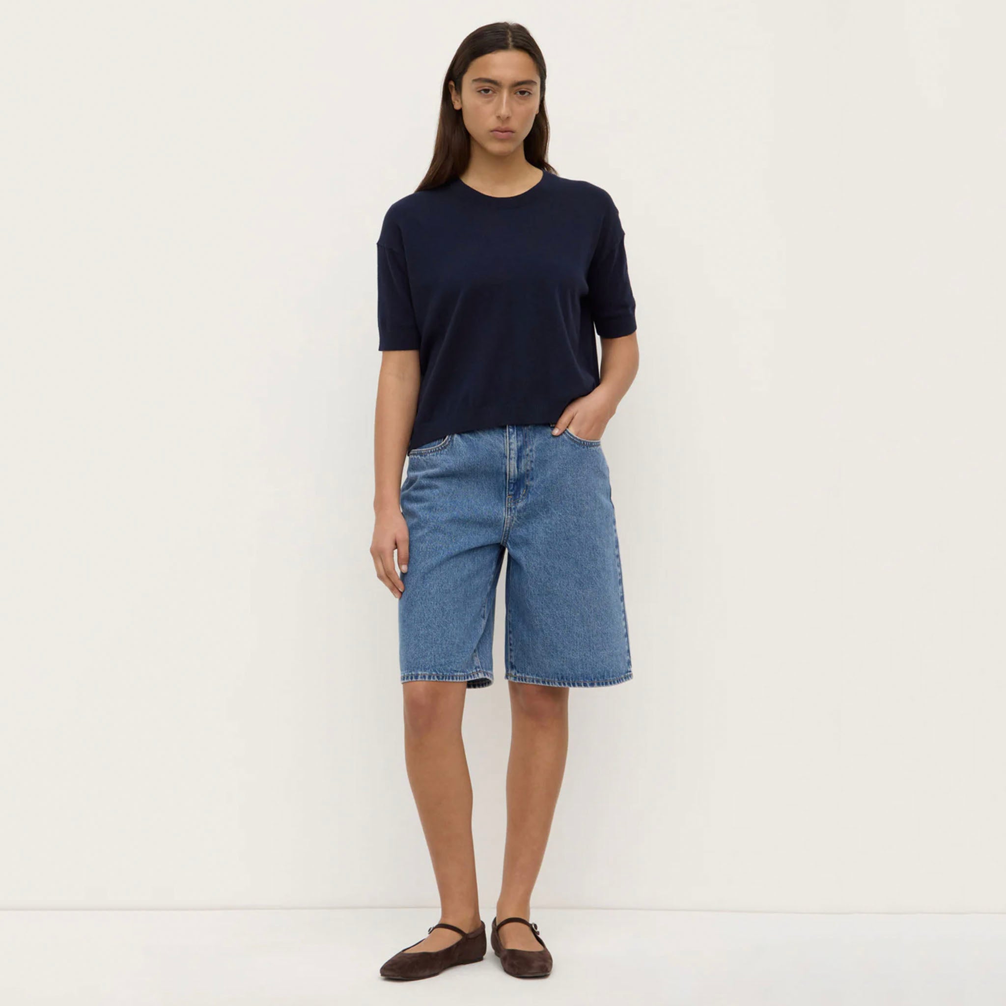 Assembly Label Vanya Cotton Cashmere Boxy Knit Tee - True Navy