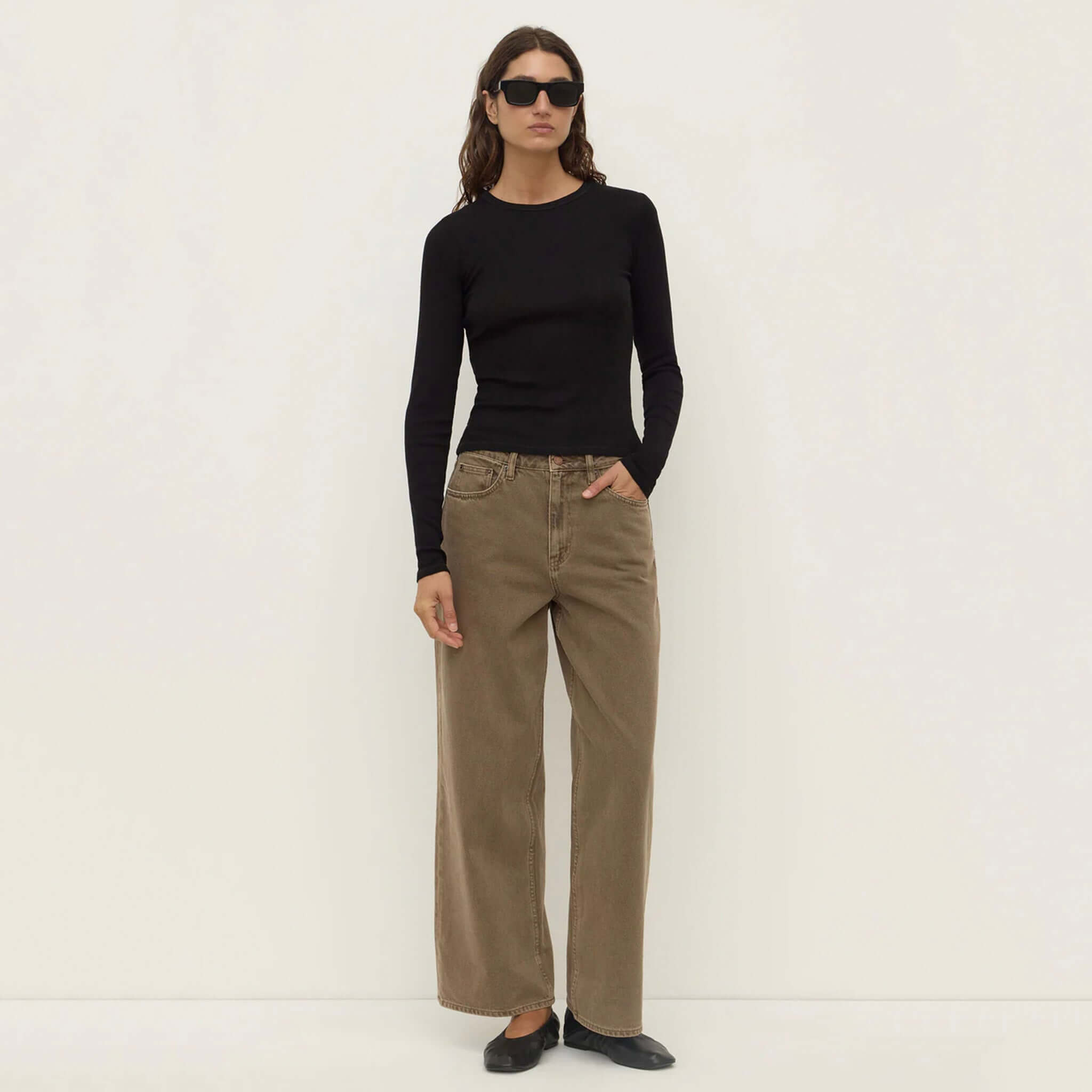 Alt Tag: Assembly Label Zali Long Sleeve Tee - Black ribbed fitted long sleeve cotton top styled with wide-leg pants