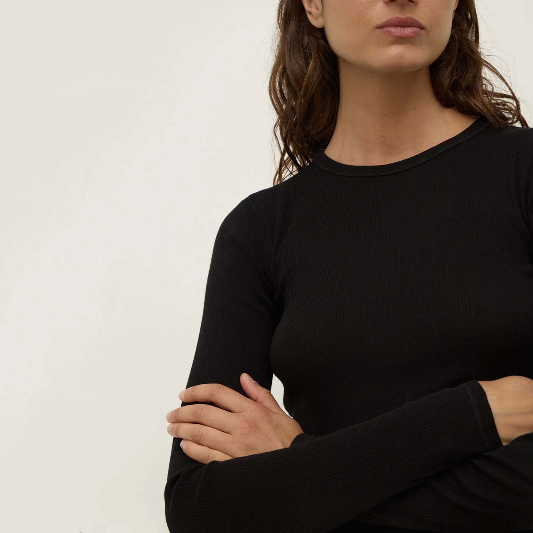 Alt Tag: Assembly Label Zali Long Sleeve Tee - Black ribbed fitted 100% cotton long sleeve top with ribbed neckline, slightly sheer