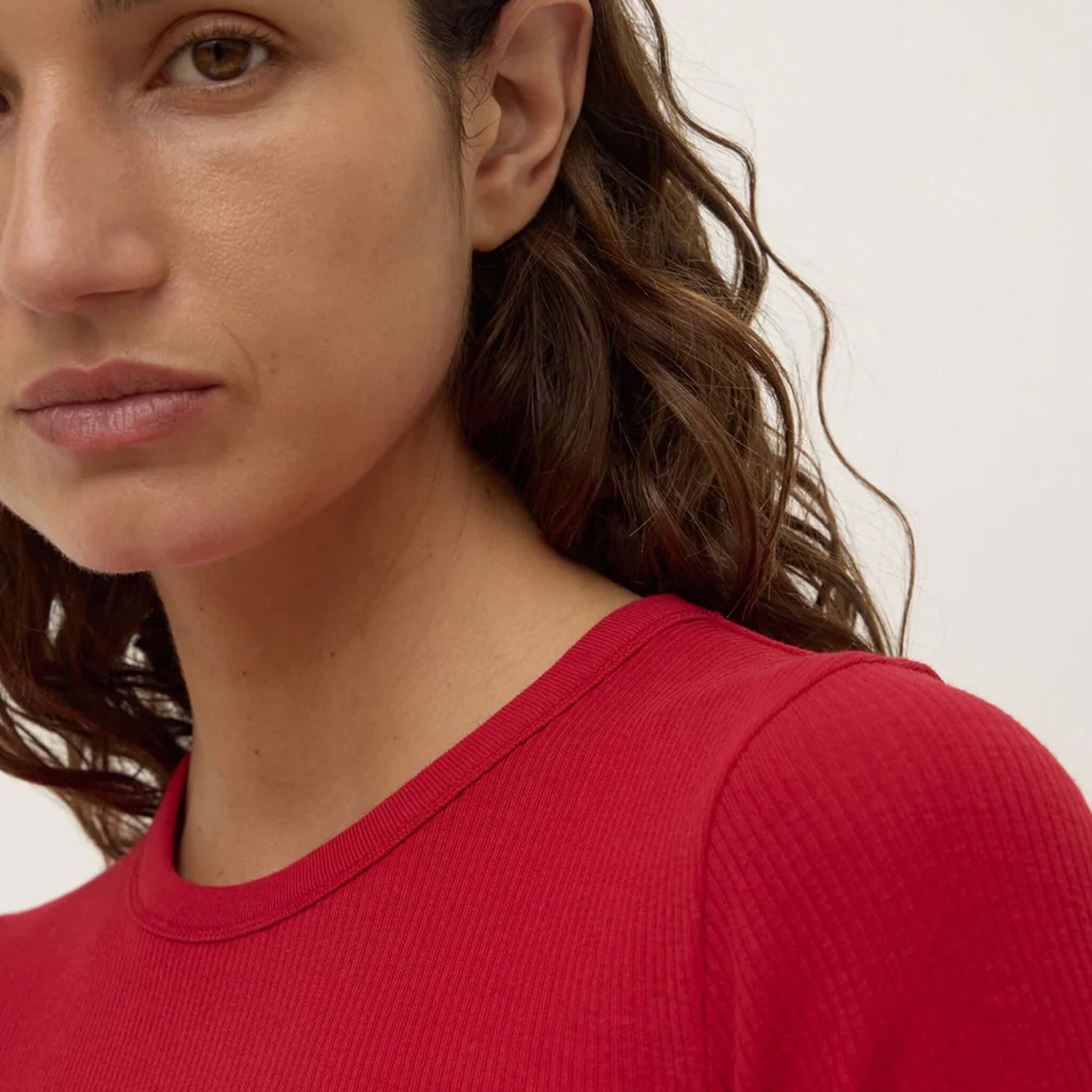 Assembly Label Zali Short Sleeve Tee - Mulberry ribbed fitted cotton crew neck tee, close-up of neckline and shoulder