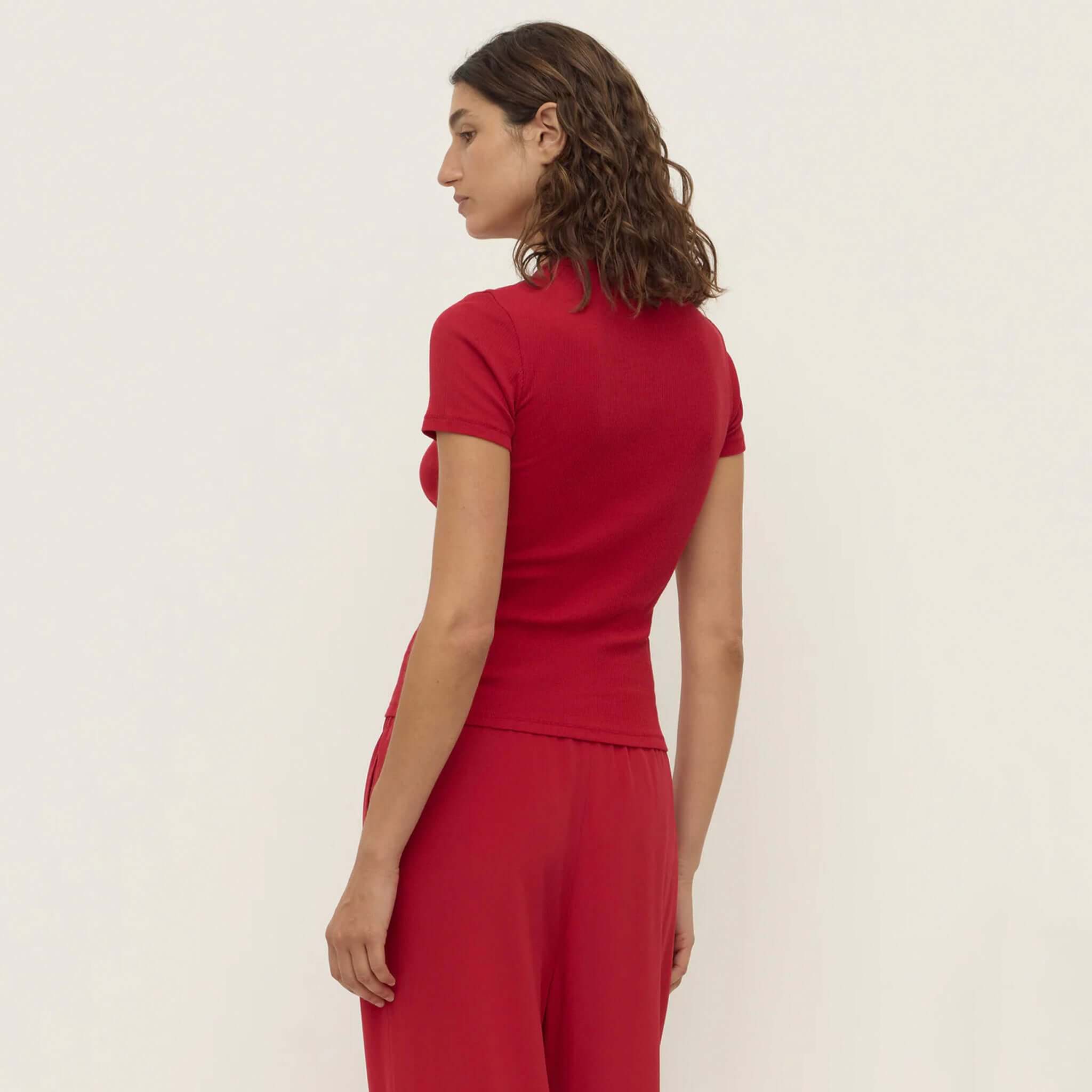 Assembly Label Zali Short Sleeve Tee - Mulberry ribbed fitted cotton crew neck tee, back view on model