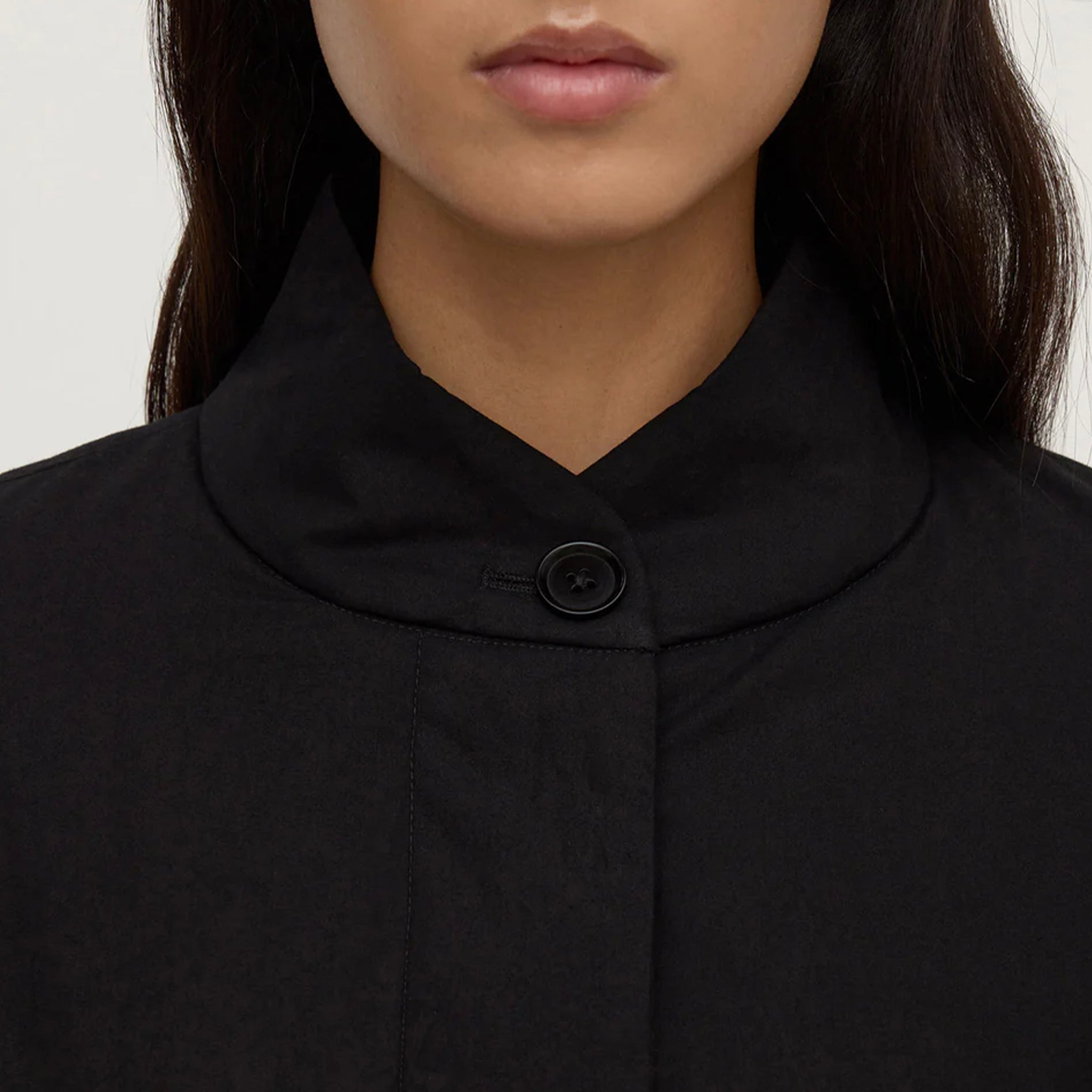 Assembly Label Zoie Padded Coat - Black close-up of collar and button detail