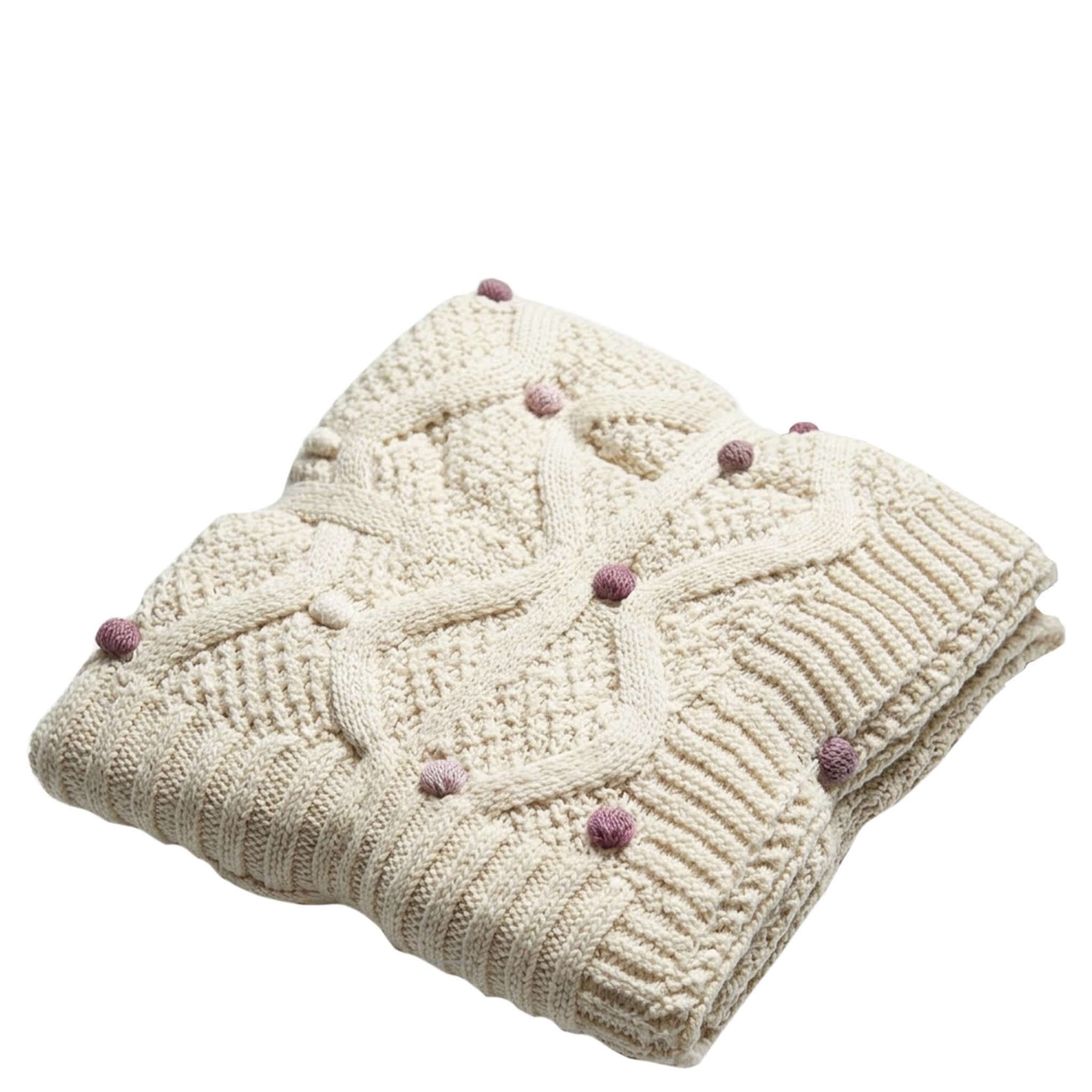 Baby Cotton Lucy Blanket - Ivory & Pink, soft ivory blanket with cream and pink bobbles, perfect for gifting.