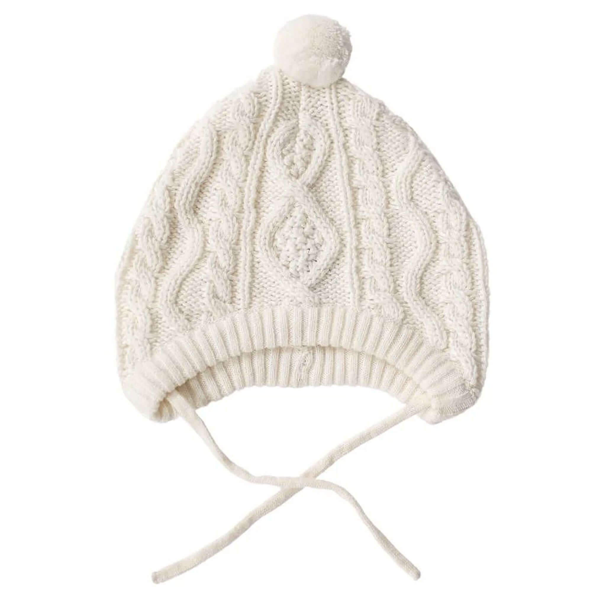 Baby Cotton Luna Beanie - Ivory with cable knit design and pompom, perfect for infants 0-3 months.