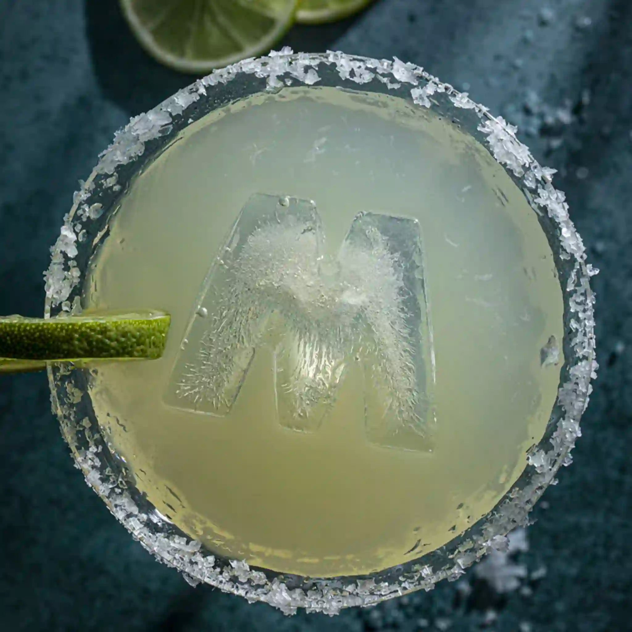 Cocktail with a salt rim, lime wedge, and ice cube on a dark surface