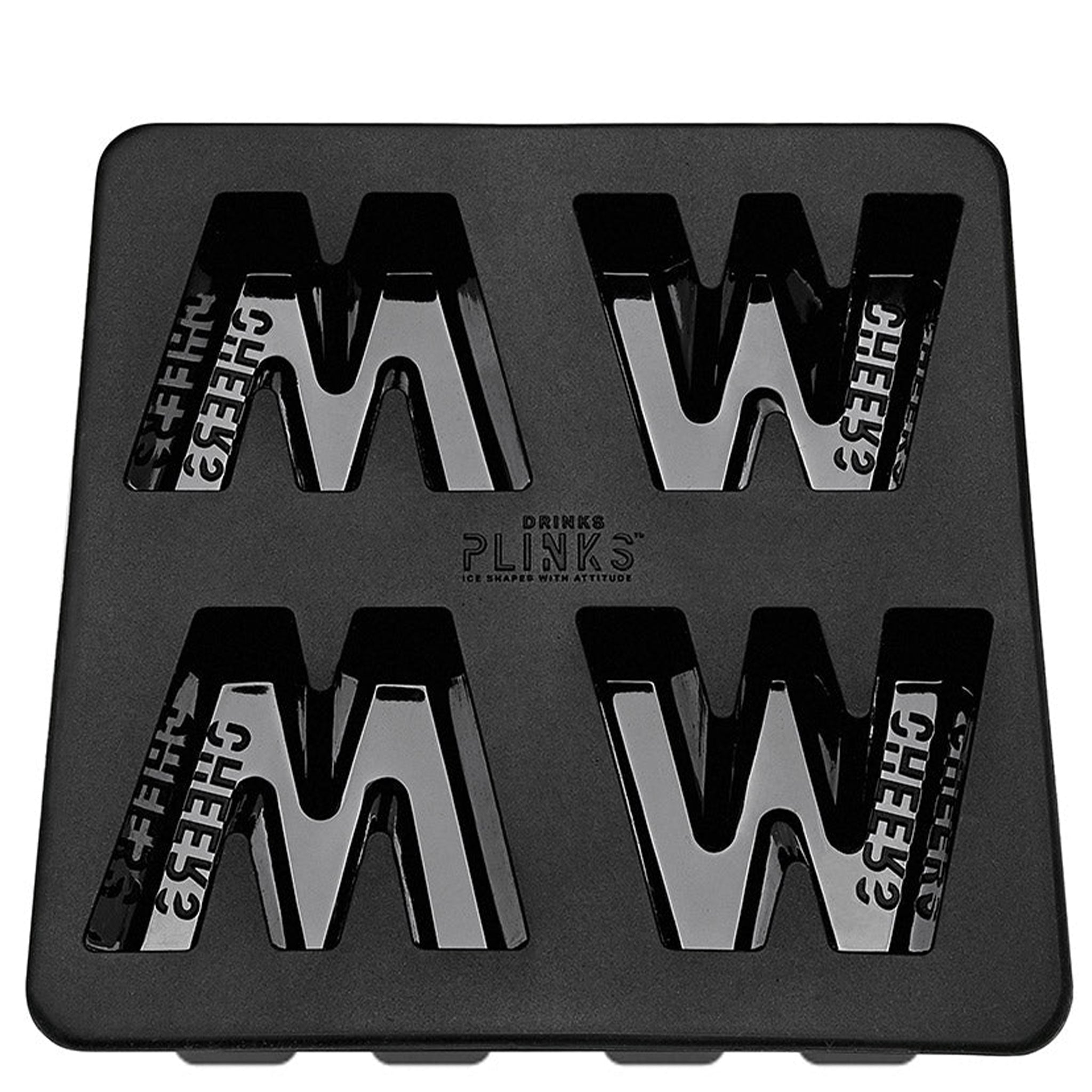 Black ice cube tray with letter 'W' molds on a white background