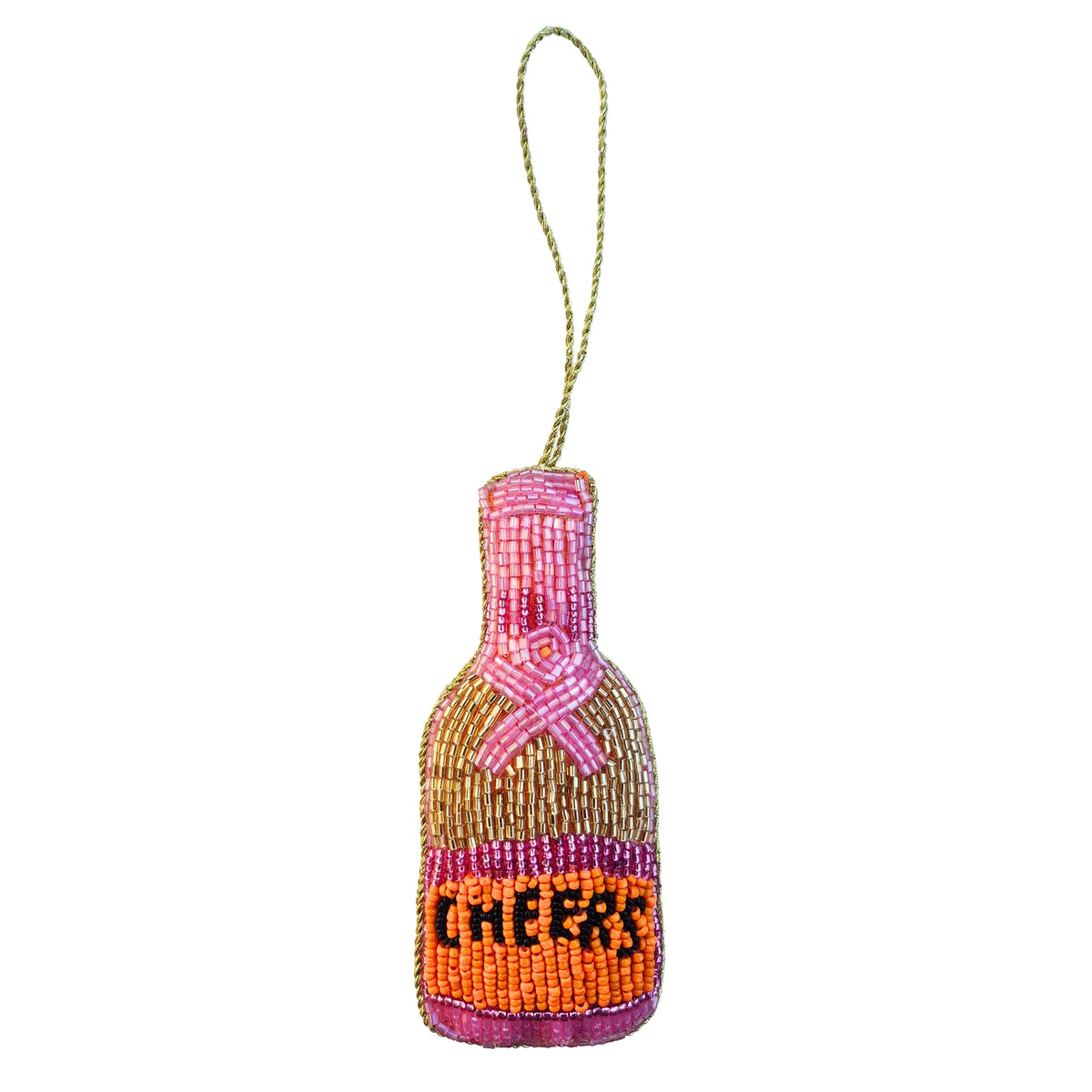 Beaded Hanging Christmas Decoration - Champagne, beaded champagne bottle ornament with pink bow