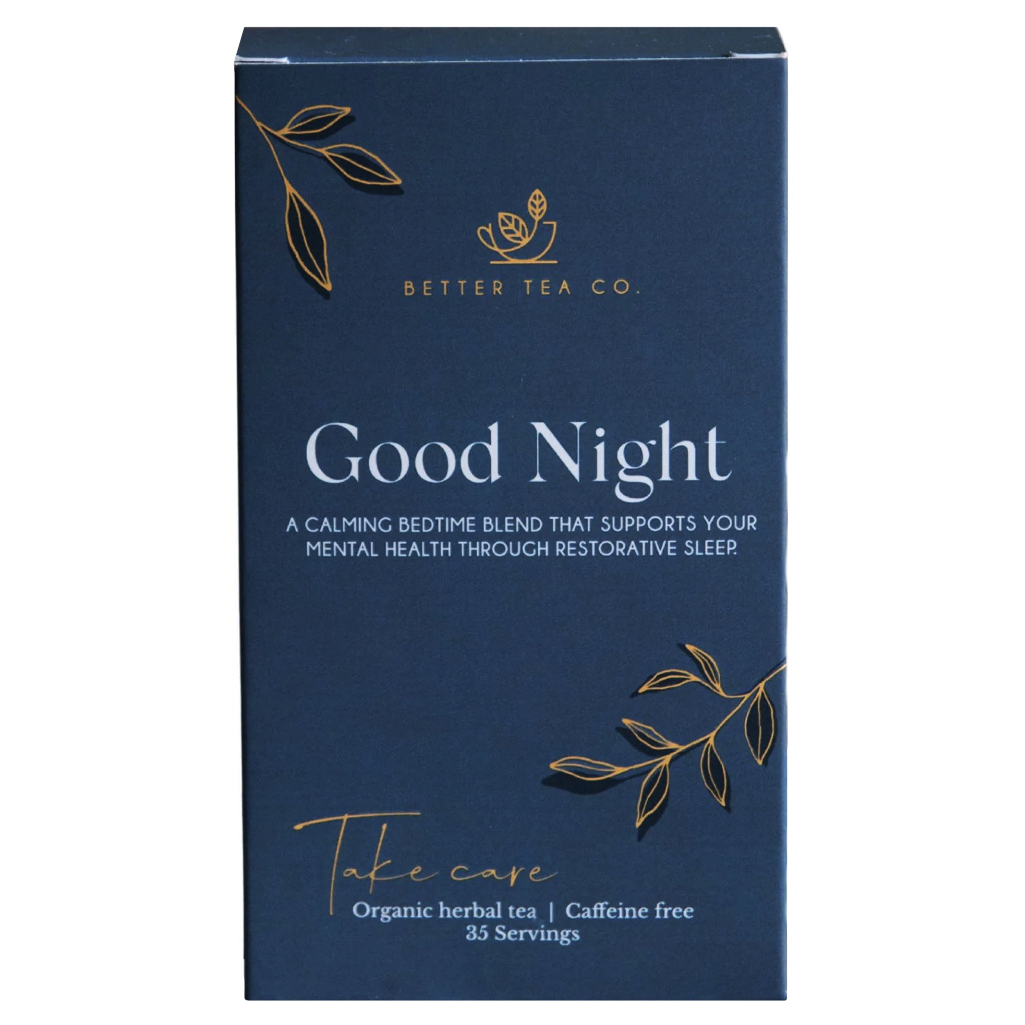 Blue packaging of Better Tea Co. Good Night tea blend on a white background