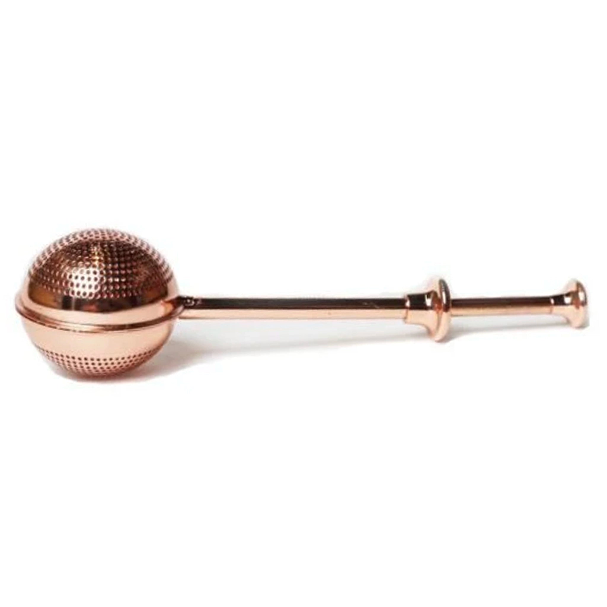 Rose gold metal mesh strainer on a white background