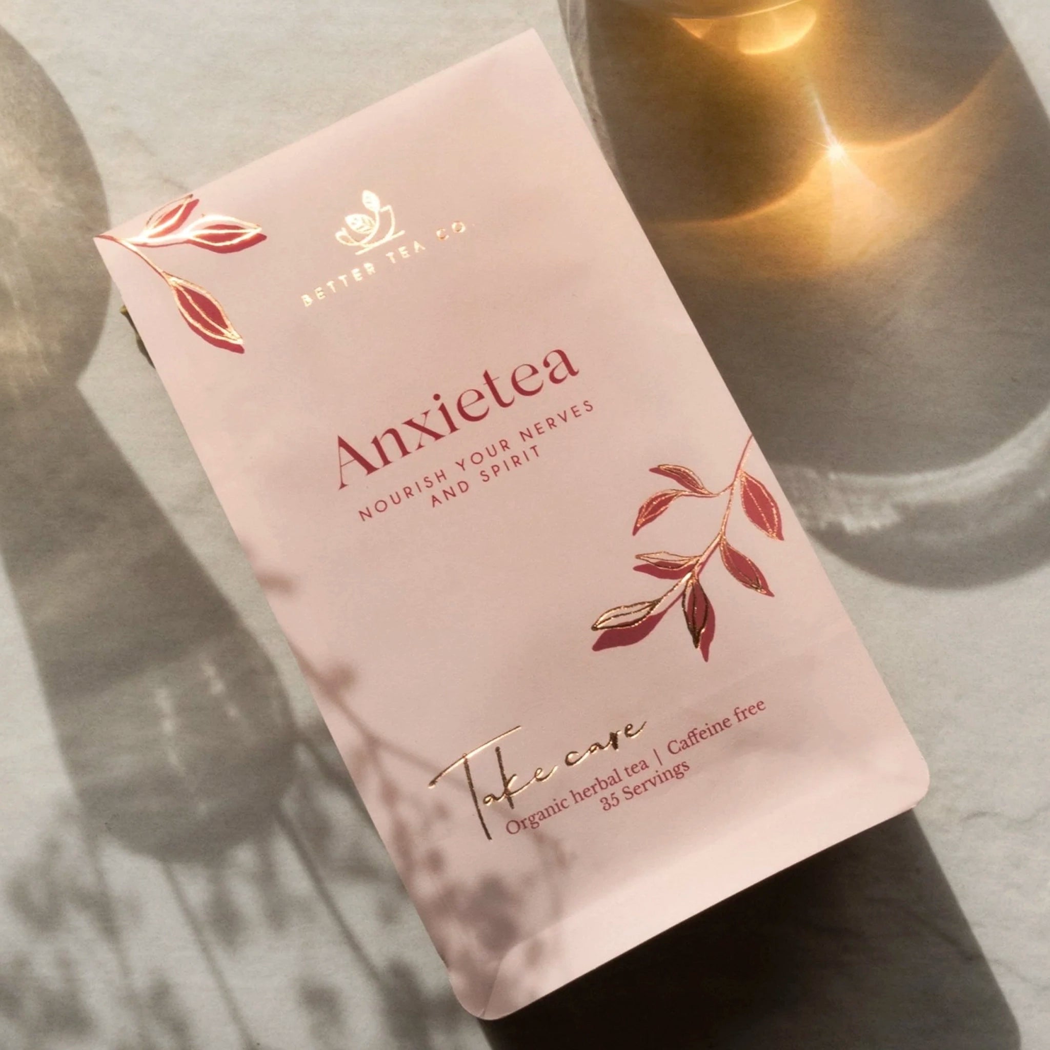 Anxietea tea package on a textured surface