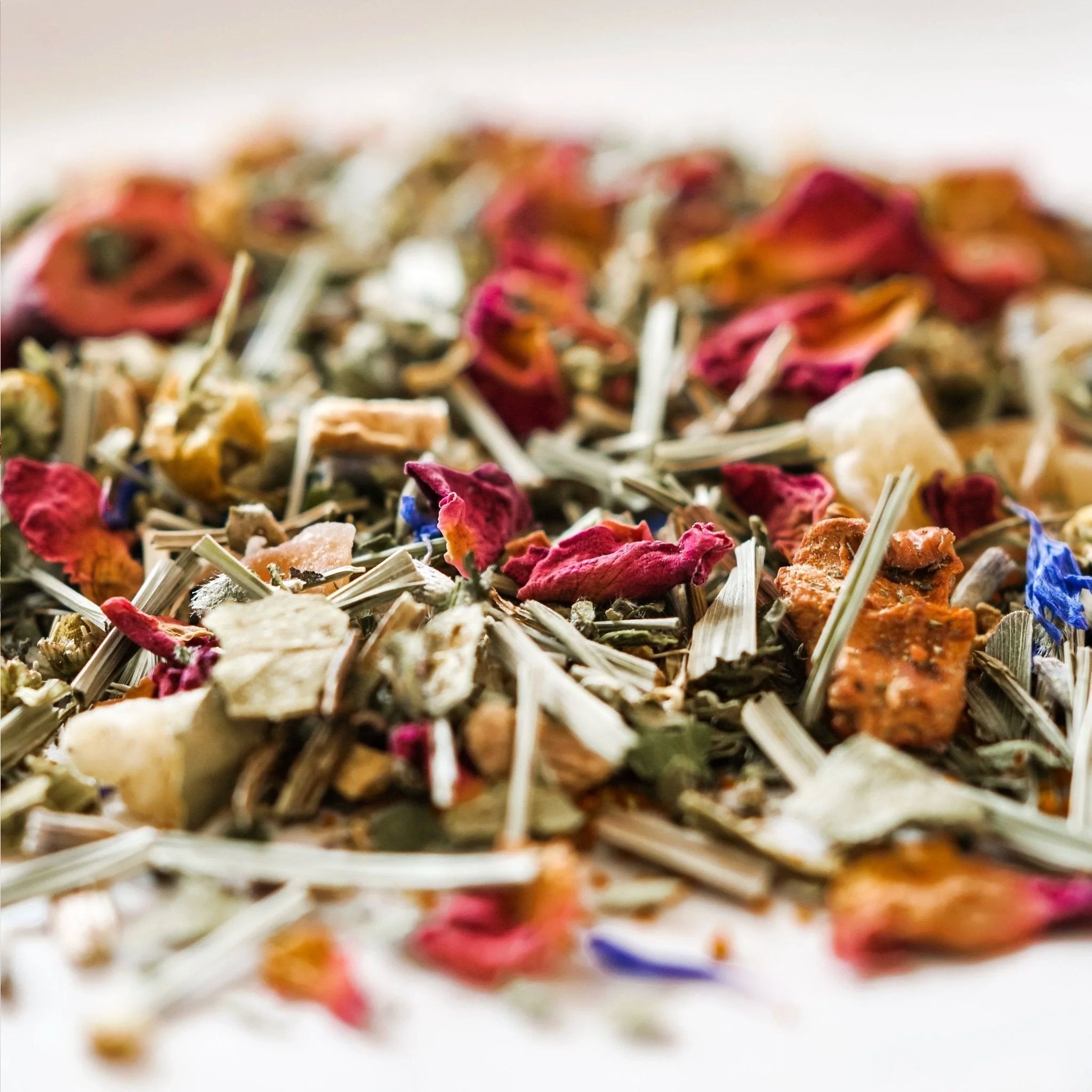 Close-up of a mix of dried herbs and flowers on a white background