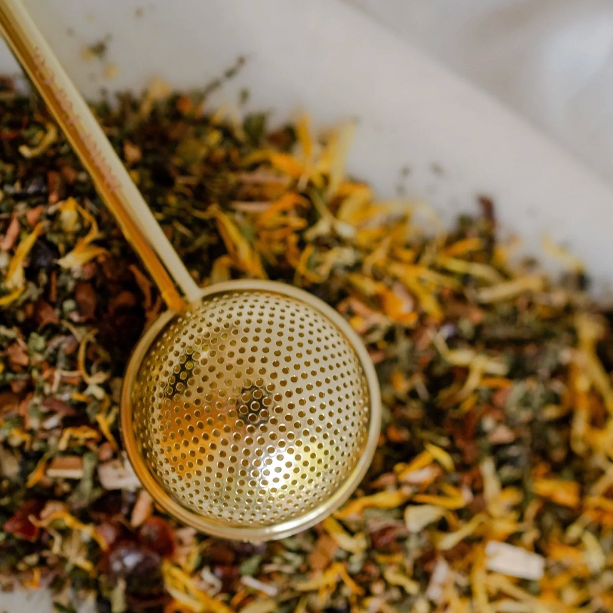 Tea infuser in a bowl of dry tea leaves