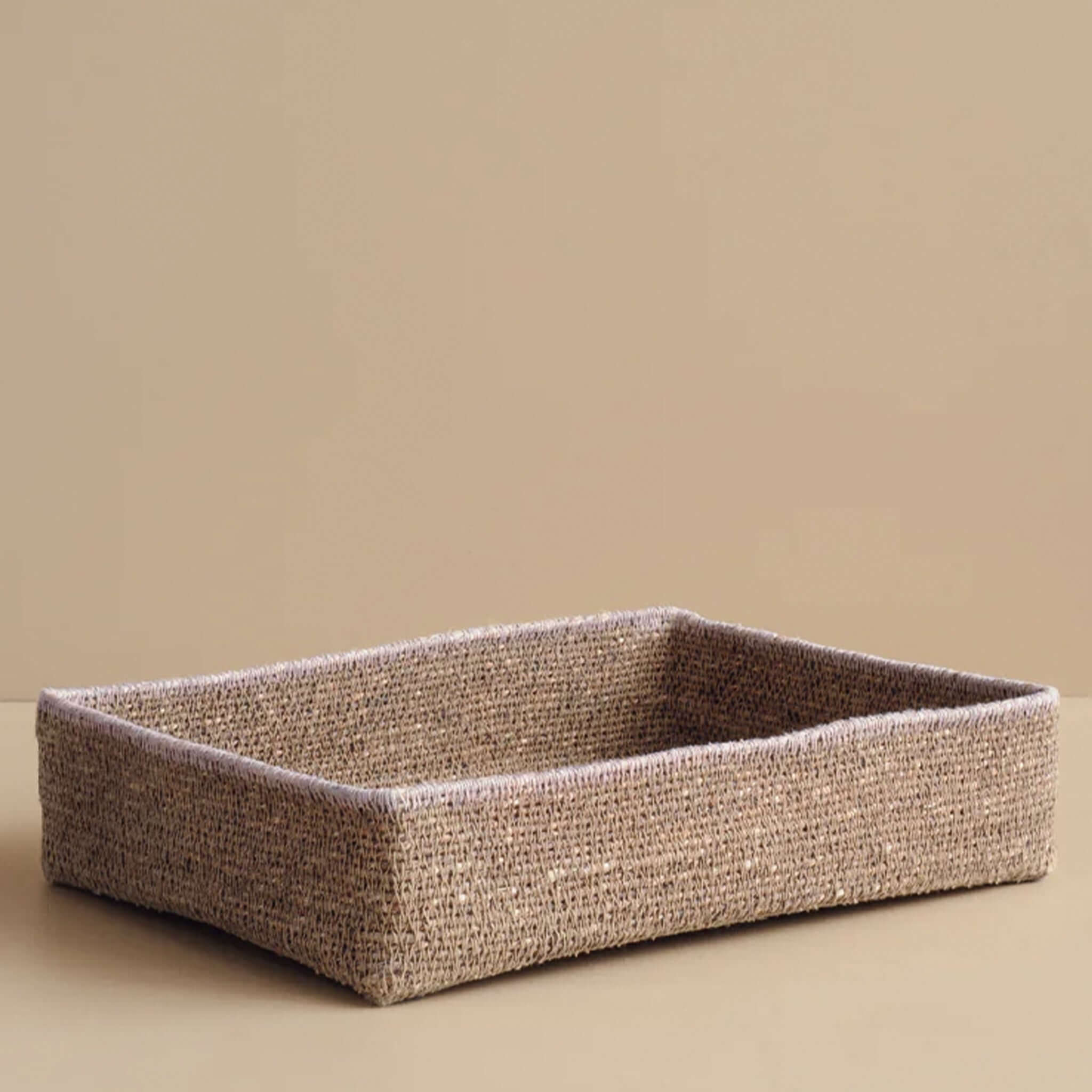 Alt Tag: Bianca Lorenne Basso Basket - Large Clay woven seagrass shallow tray in clay tone, stylish organiser for remotes, keys and clutter