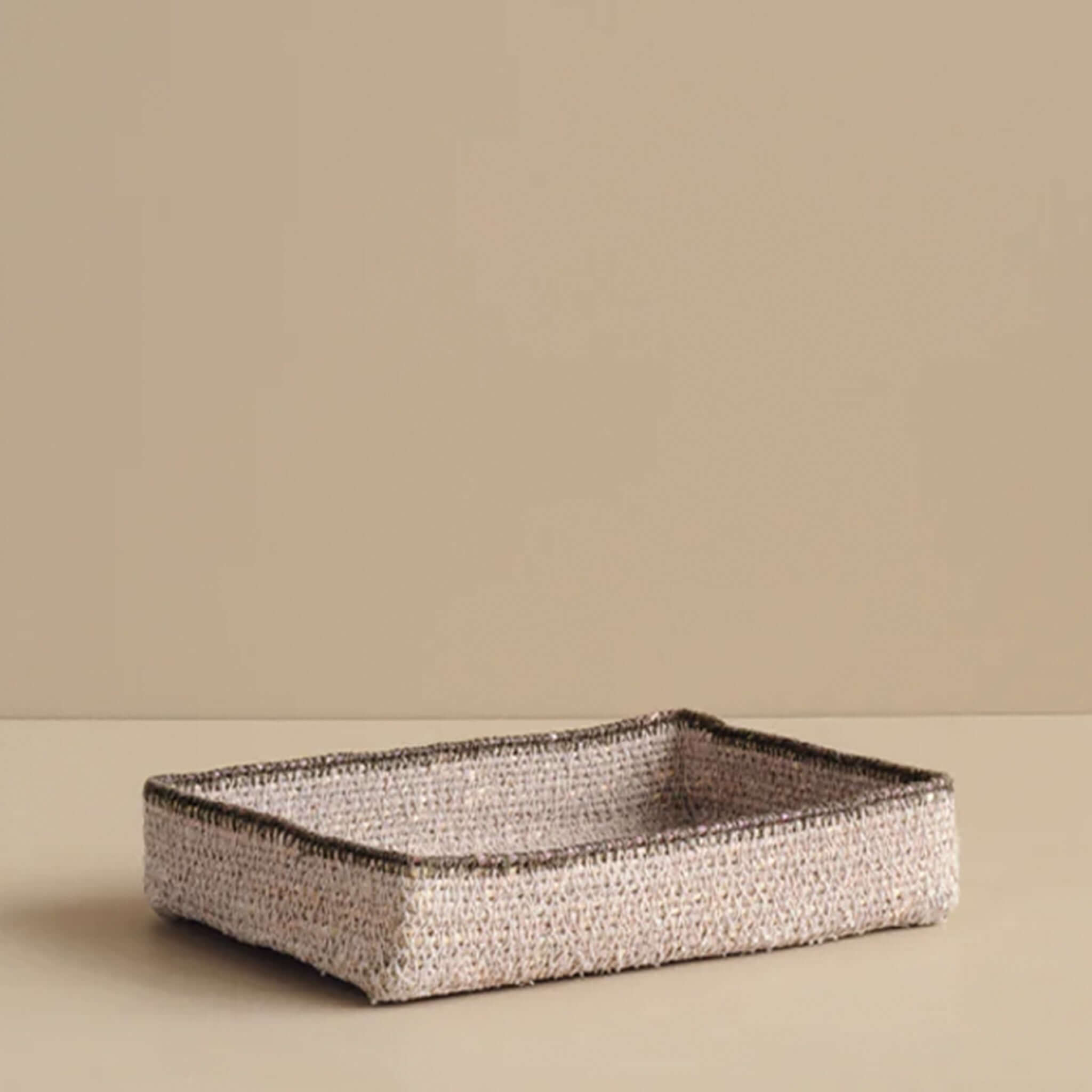 Alt Tag: Bianca Lorenne Basso Basket - Small Antique Rose woven seagrass shallow tray for keys, remotes and coffee table clutter