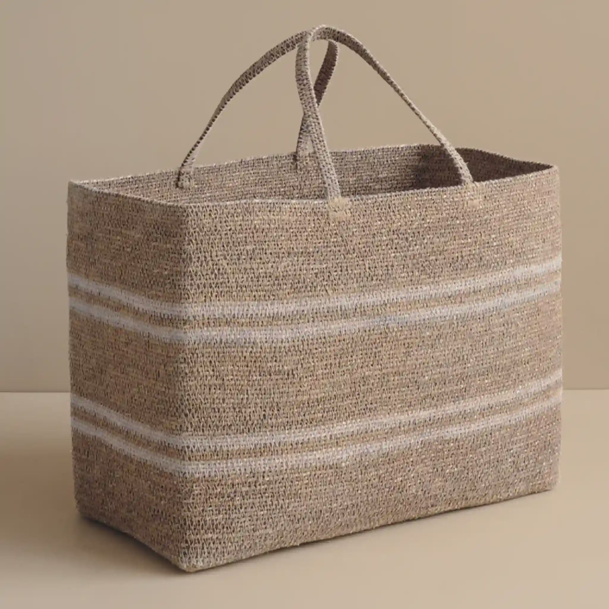 Woven basket with striped pattern on a beige background