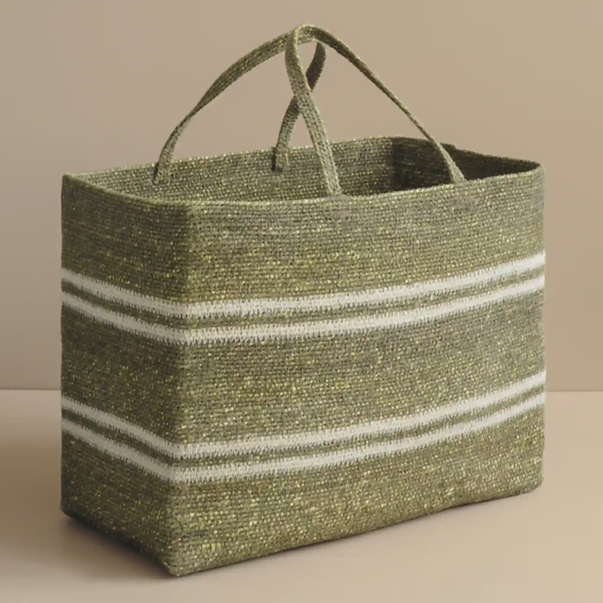 Green woven basket with white stripes on a beige background