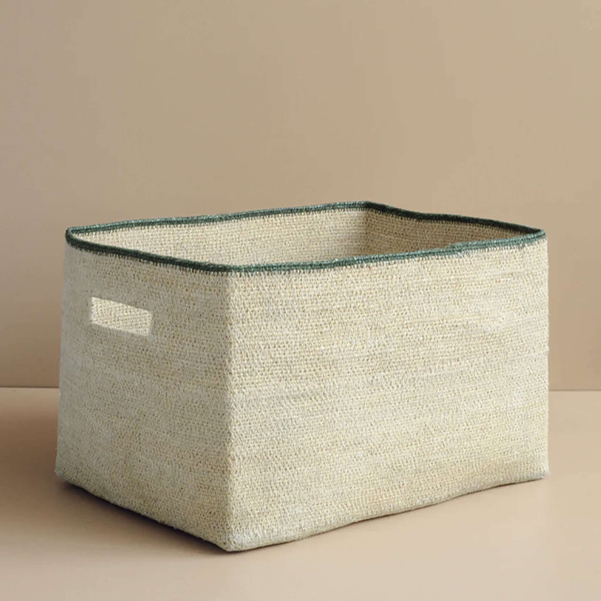 Alt Tag: Bianca Lorenne Scatola Basket - Medium Natural/Forest rectangular seagrass storage basket with forest trim
