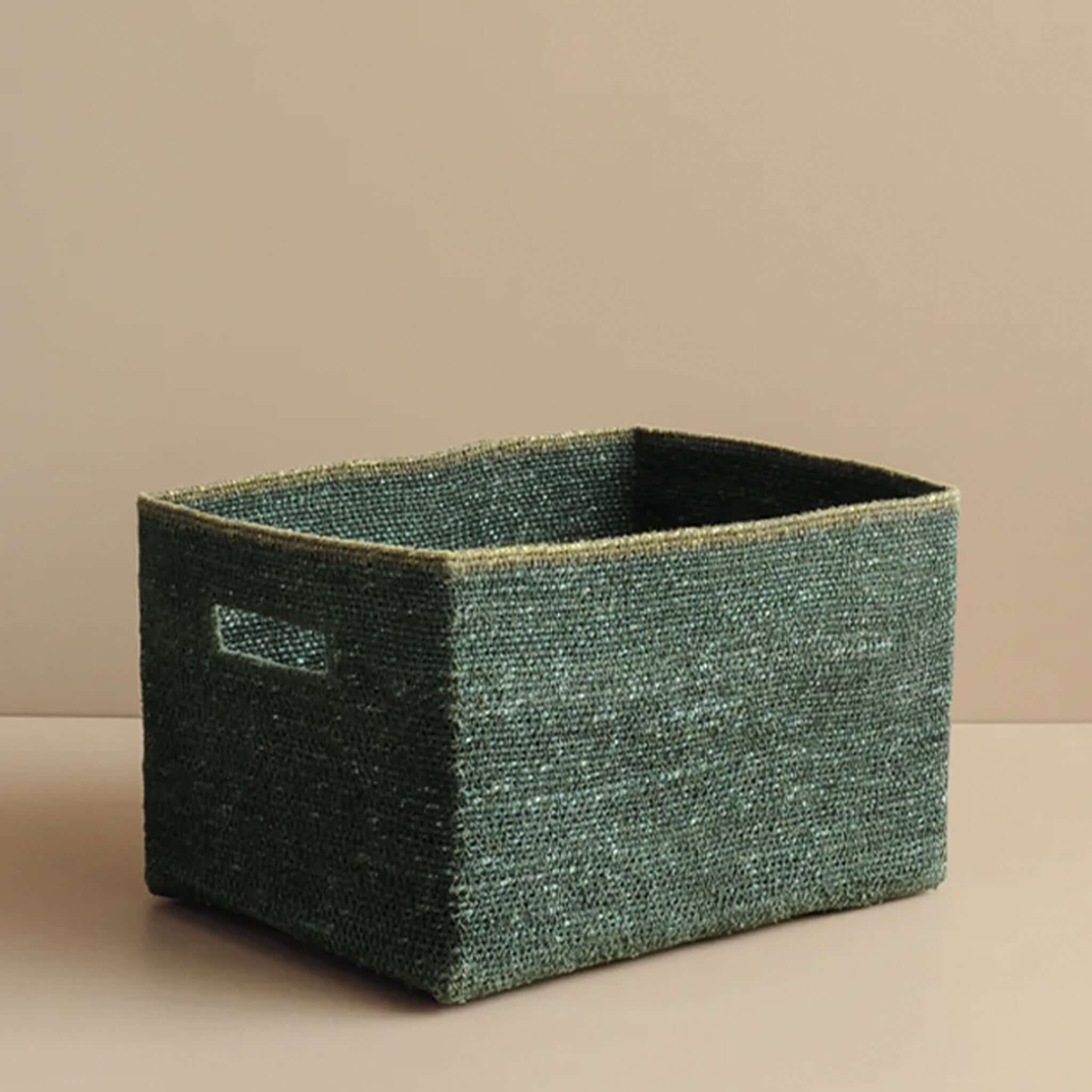 Alt Tag: Bianca Lorenne Scatola Basket - Small Forest rectangular seagrass storage basket in green, low-profile organizer for shelves