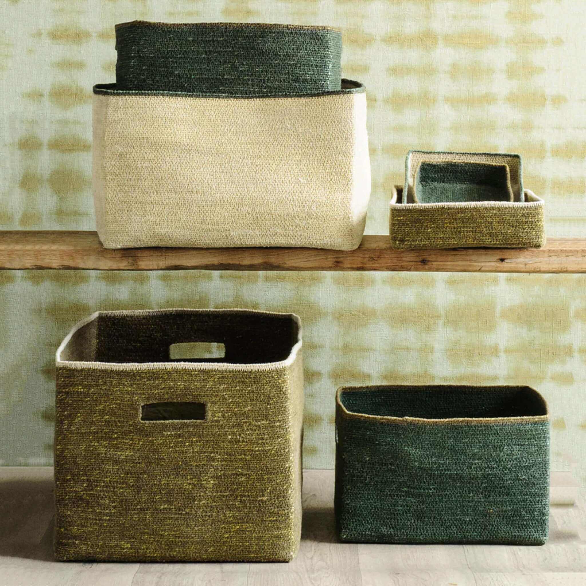 Alt Tag: Bianca Lorenne Scatola Basket - Medium Natural/Forest rectangular seagrass storage basket set on shelf, natural and forest tones
