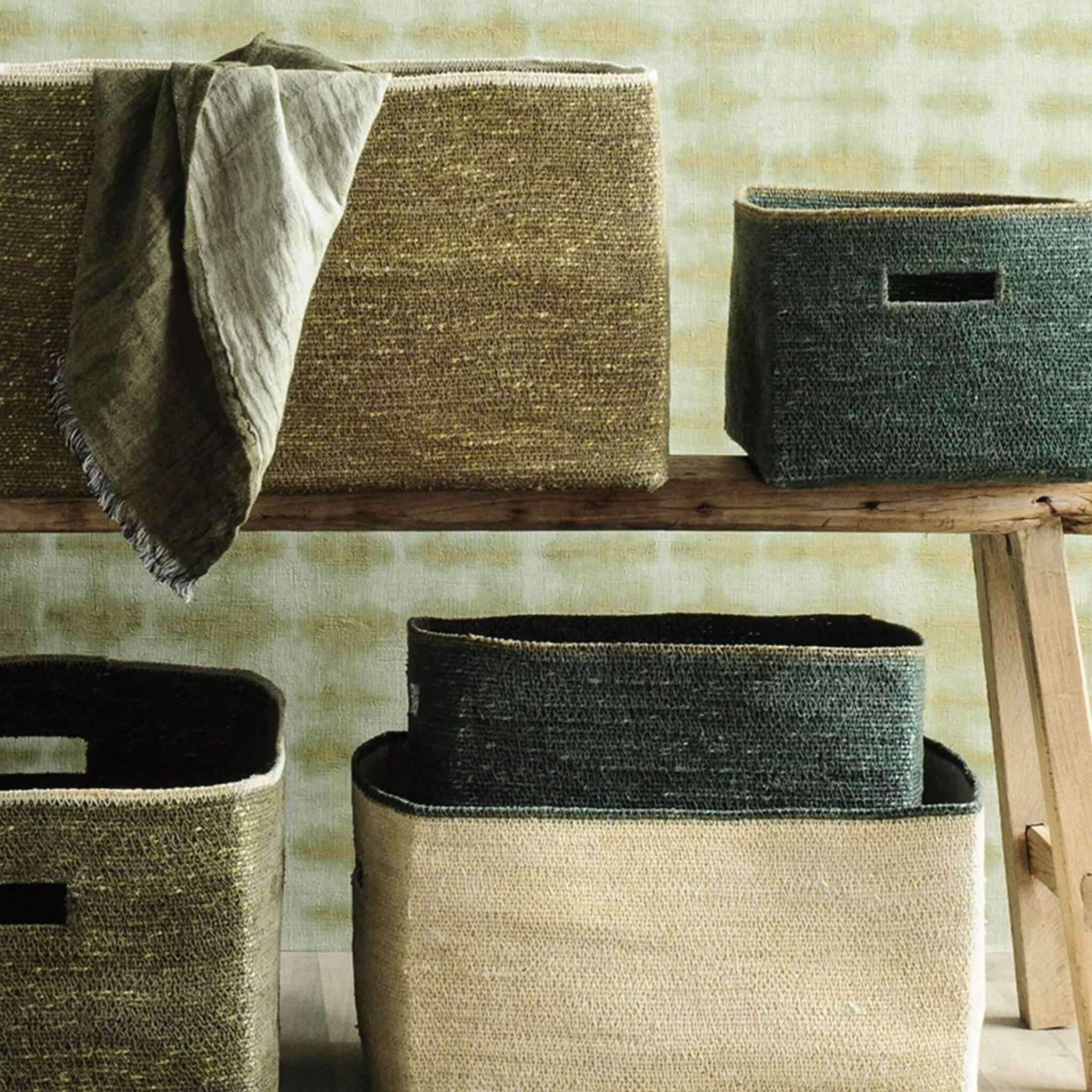 Alt Tag: Bianca Lorenne Scatola Basket - Medium Natural/Forest seagrass rectangular storage basket in natural and forest green, stacked set
