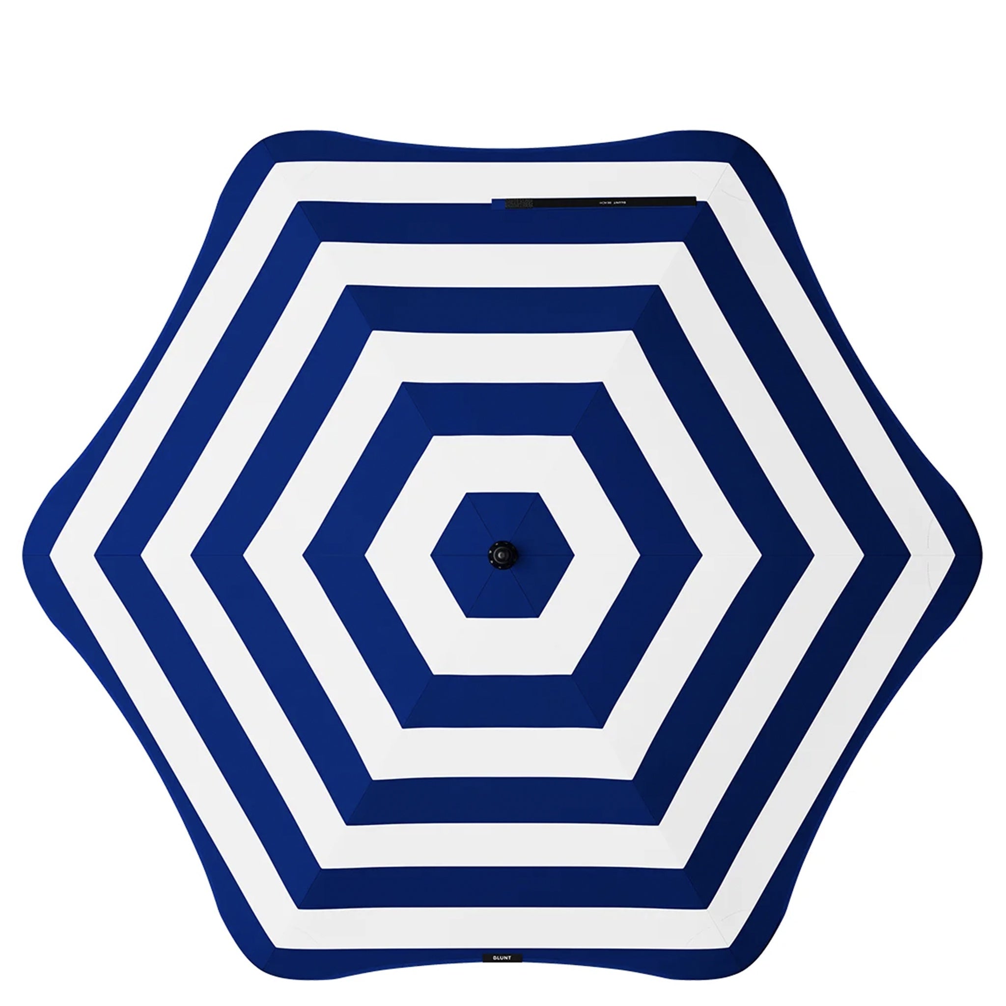 Blue and white geometric patterned beach umbrella on a white background
