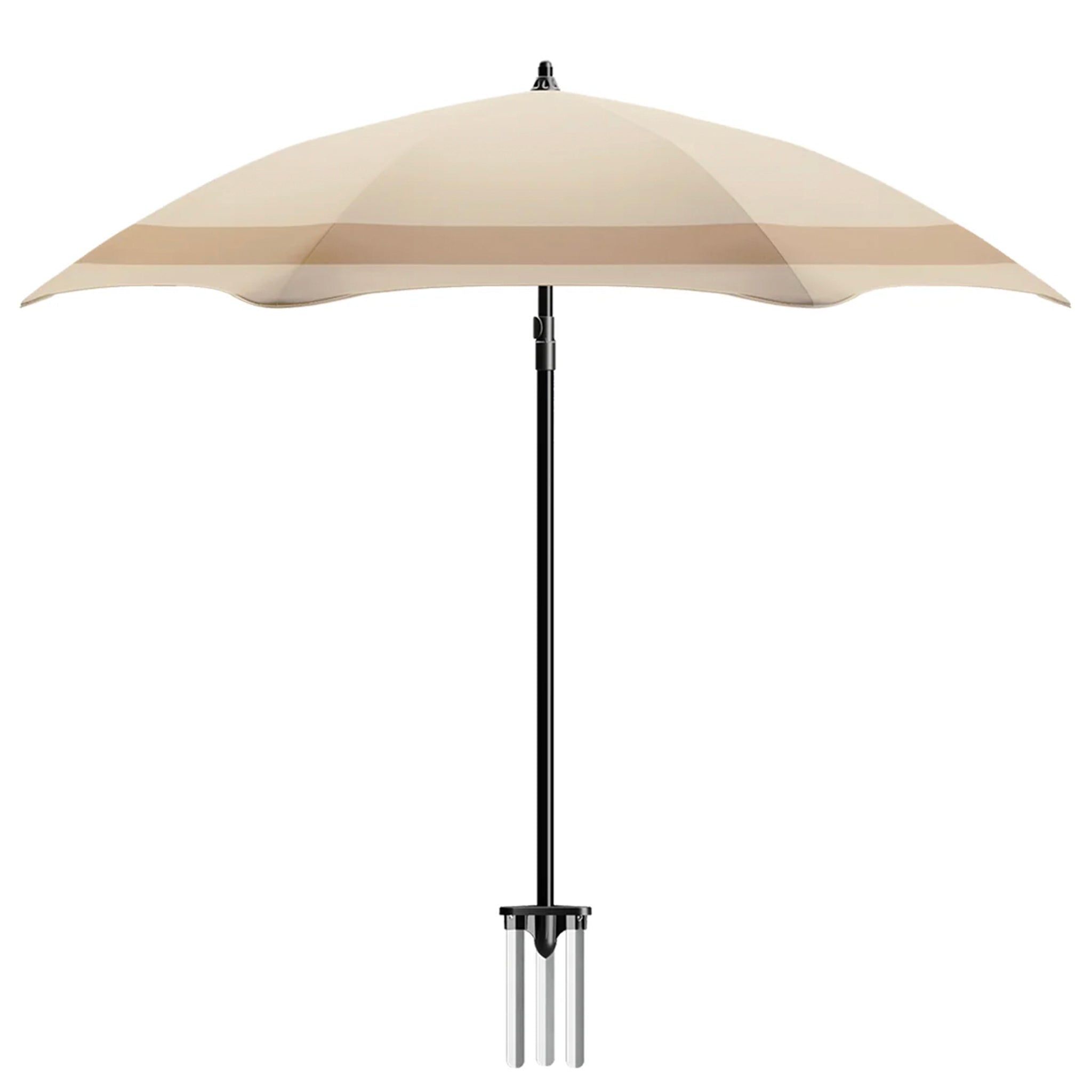 Beige patio umbrella with a black stand on a white background