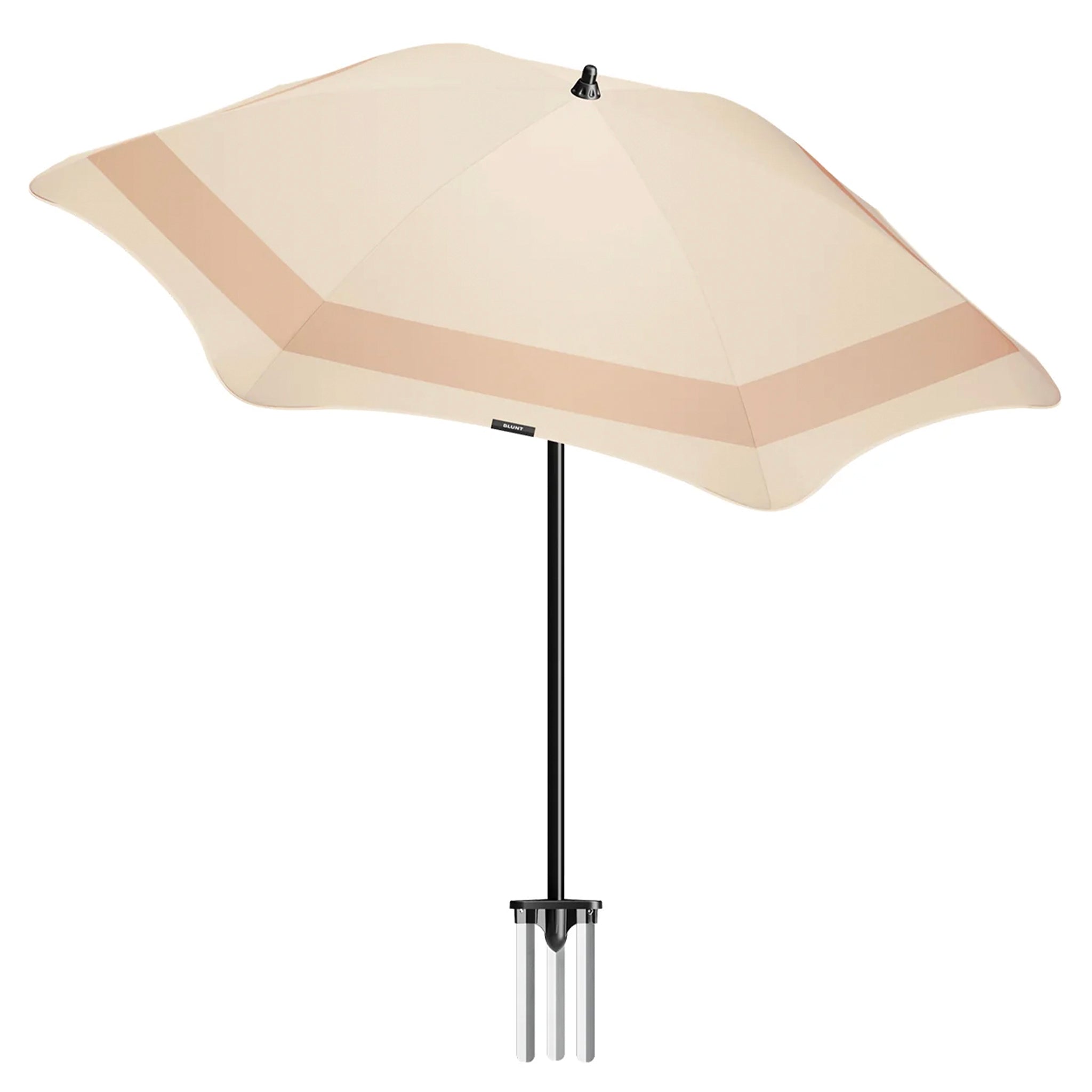 Beige patio umbrella with a black stand on a white background