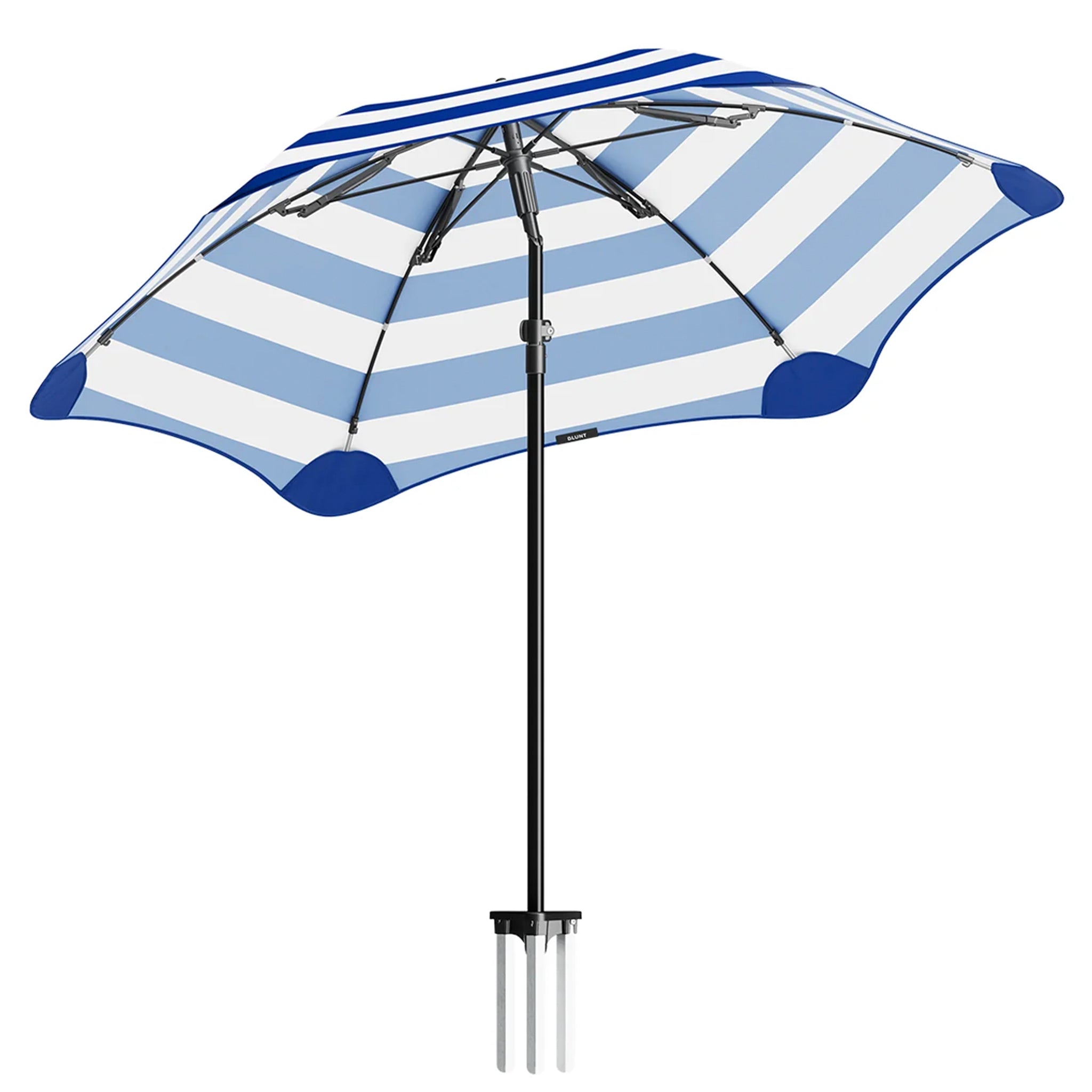 Blue and white striped patio umbrella on a white background