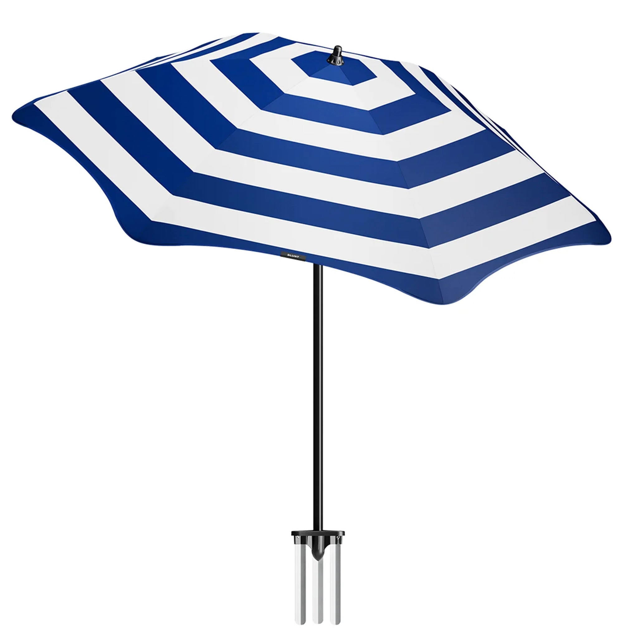 Blue and white striped patio umbrella with a stand on a white background