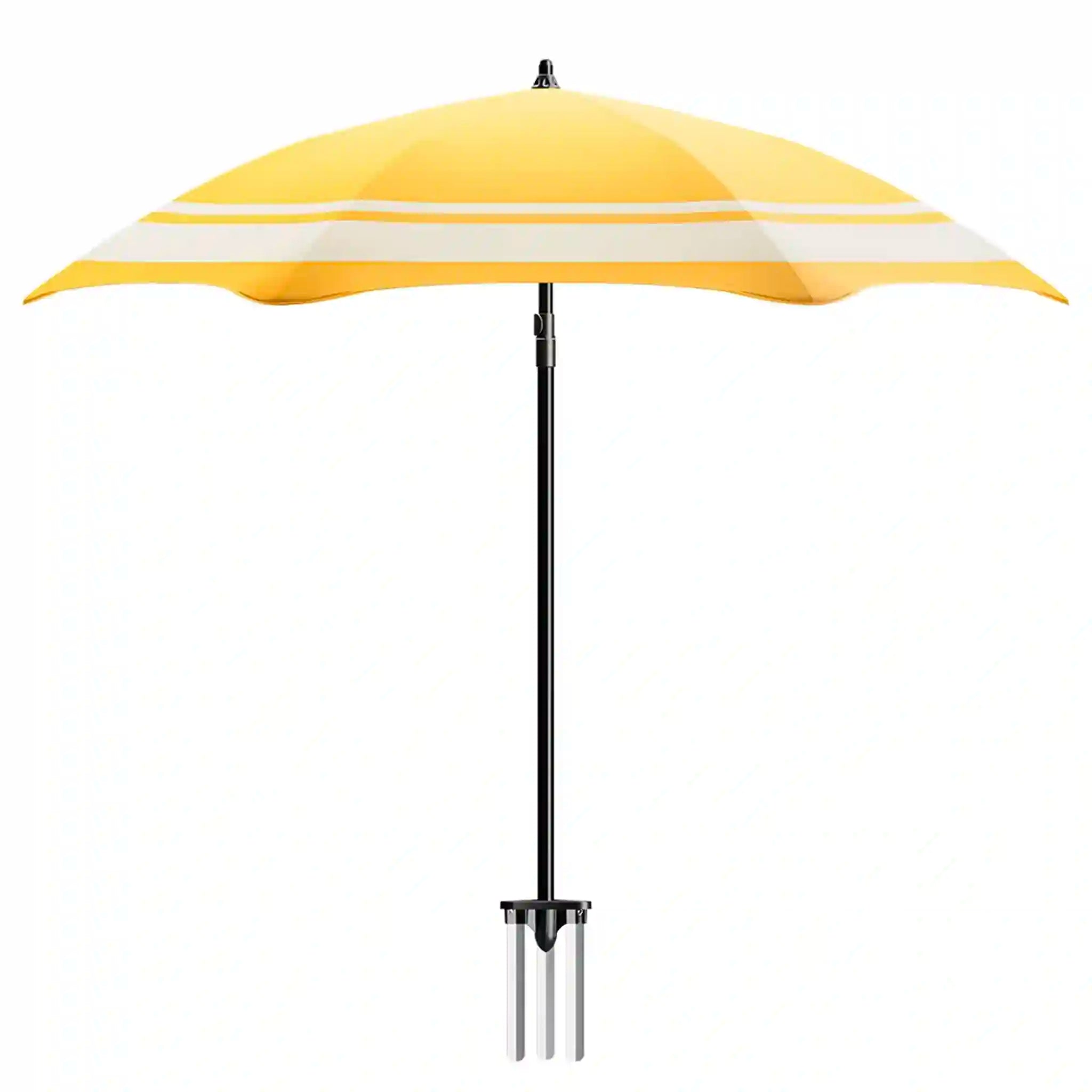 Yellow and white striped patio umbrella on a white background