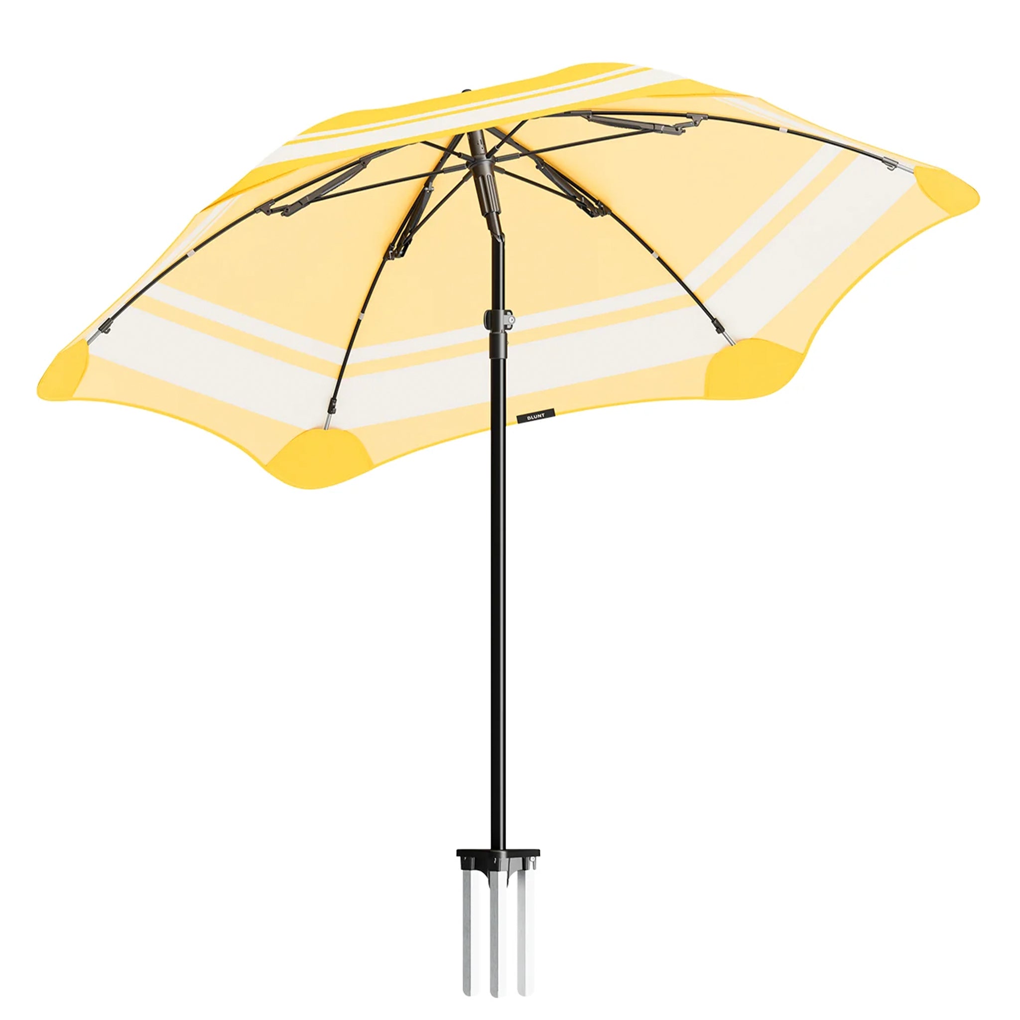 Yellow and white striped patio umbrella on a white background