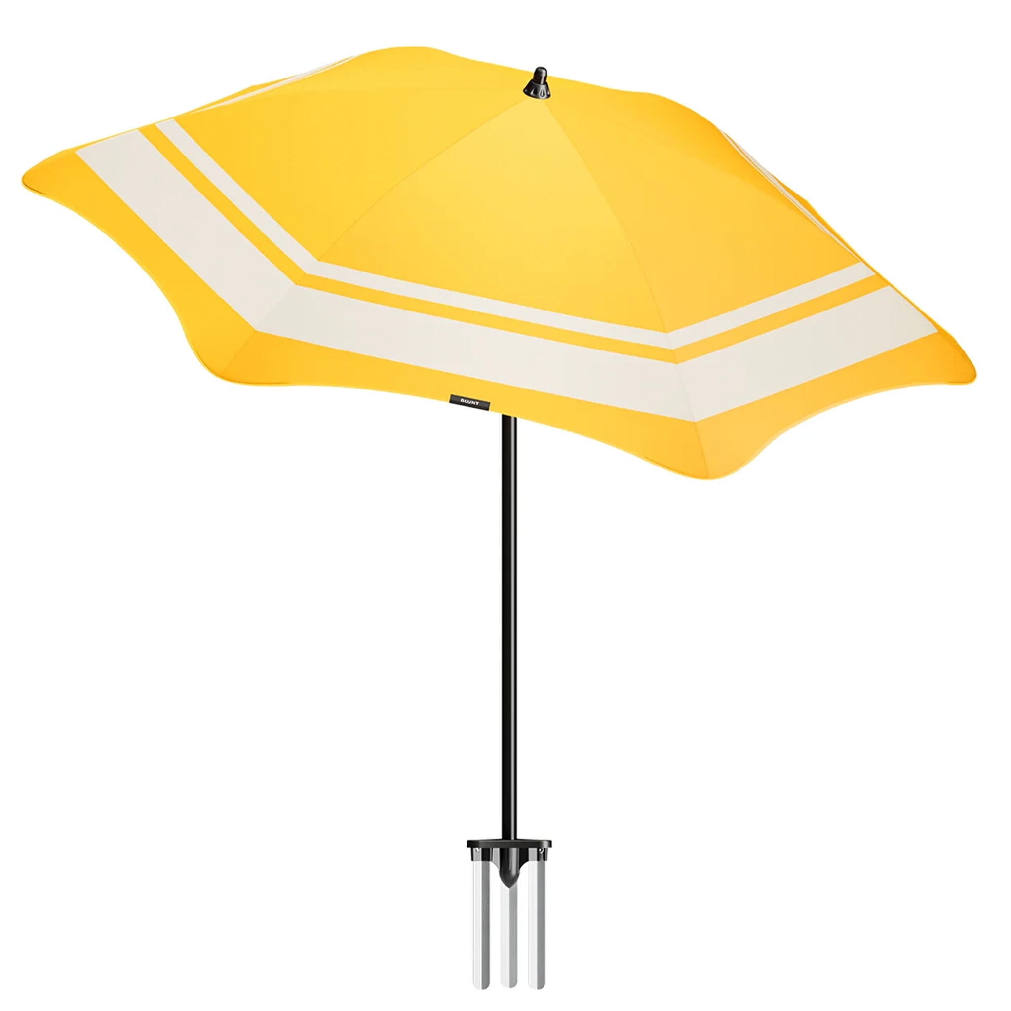 Yellow patio umbrella with a white stripe on a white background