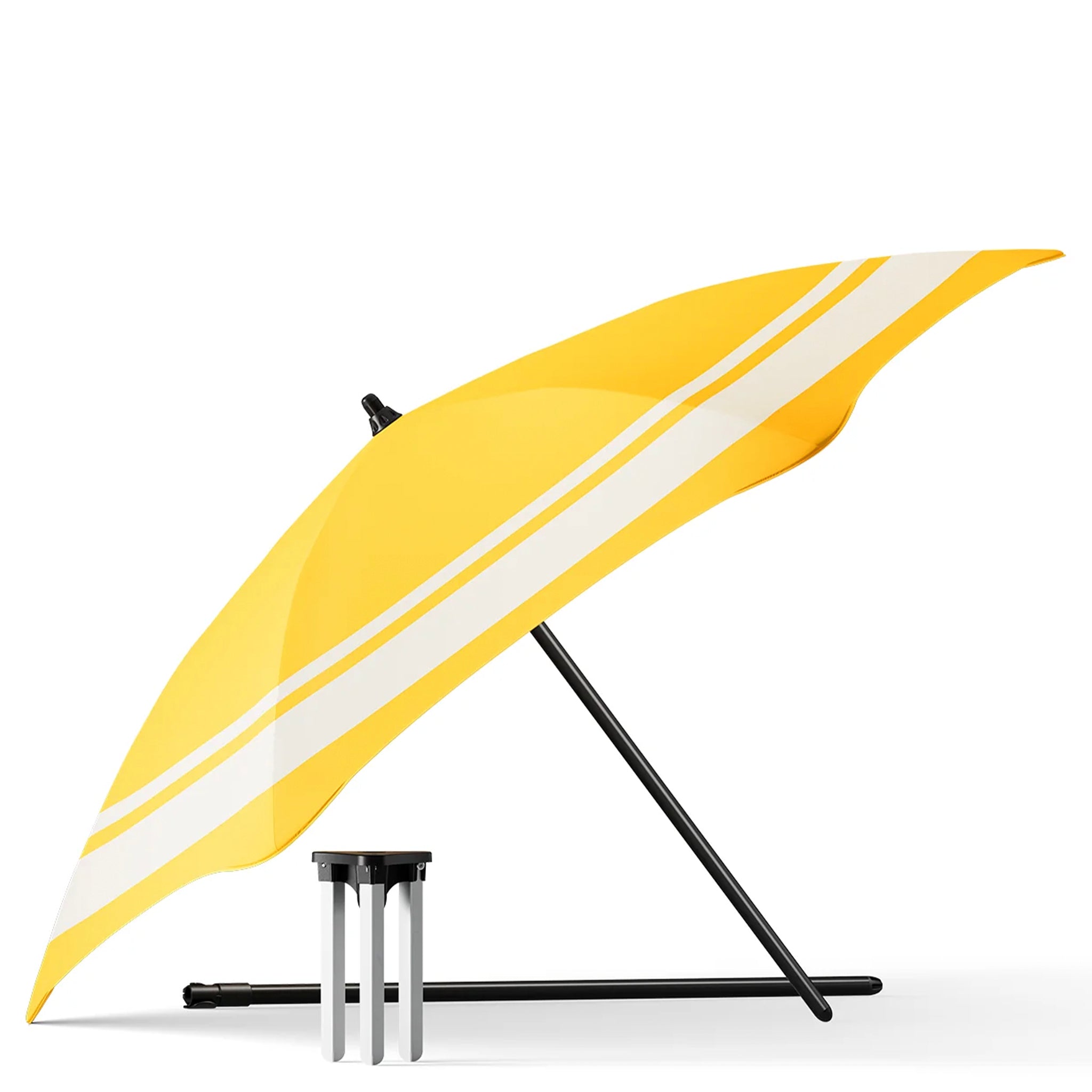 Yellow and white umbrella with a black stand on a white background