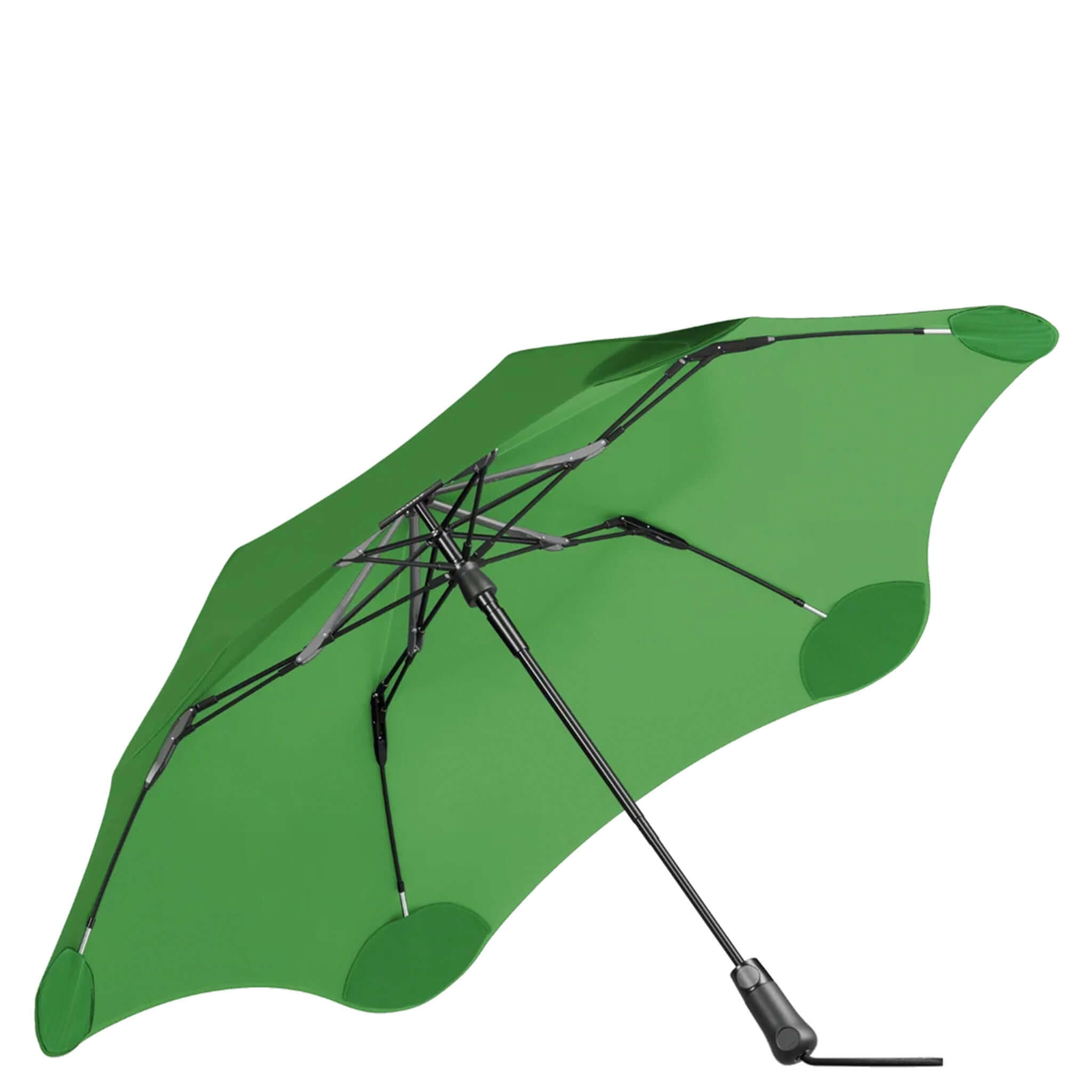 Green umbrella with black frame on a white background